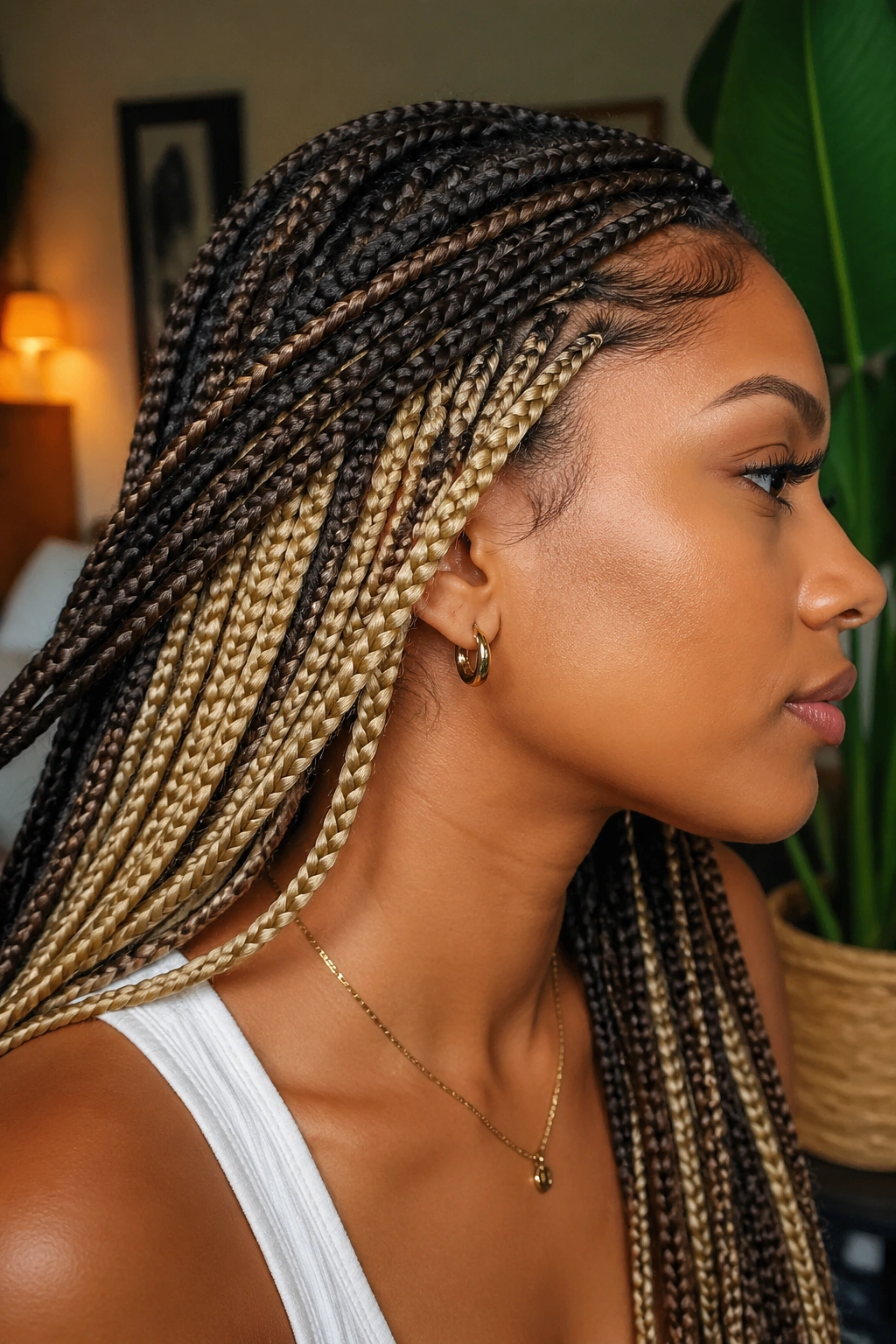 Knotless box braids showing peekaboo blonde underlayers beneath darker layers
