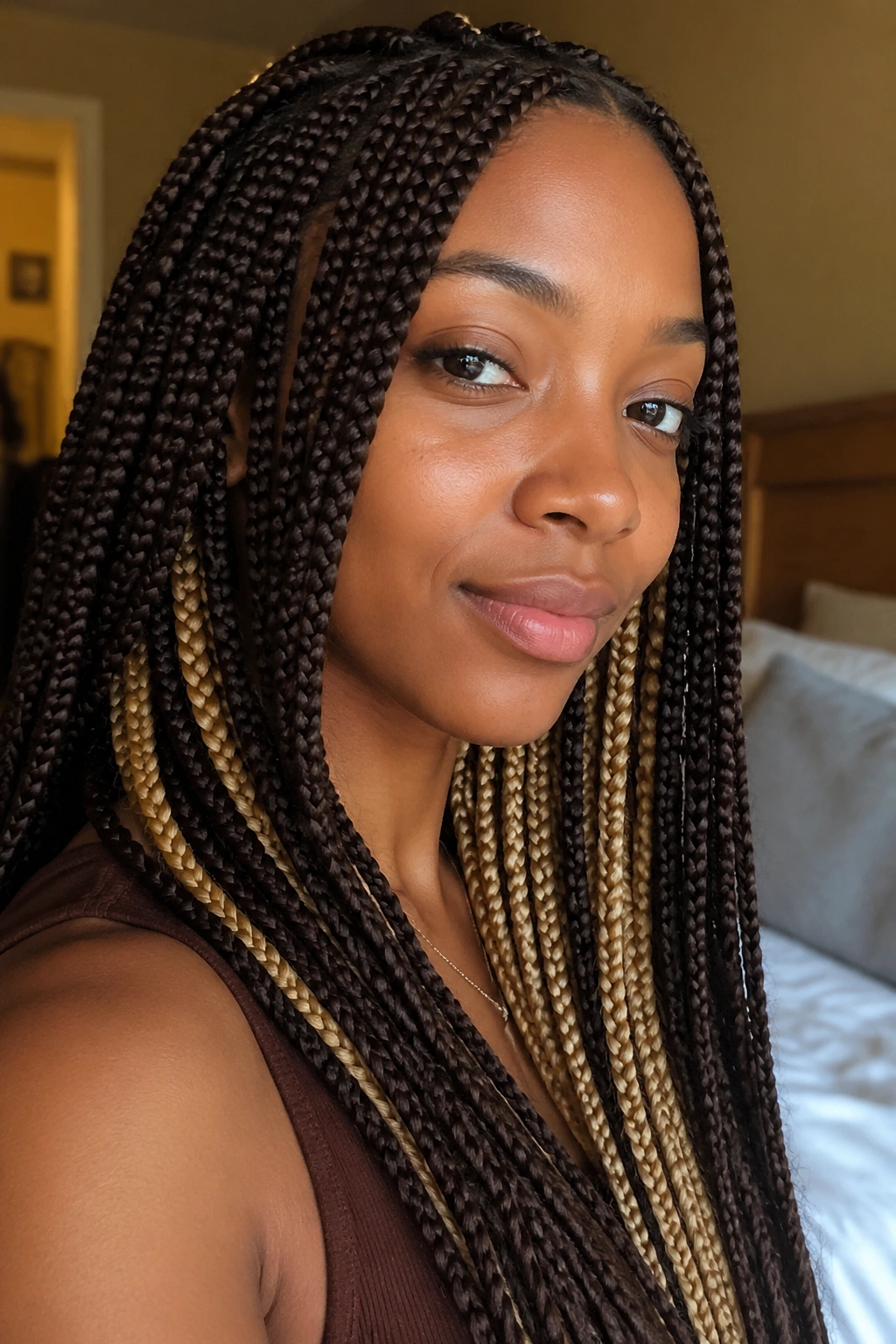 Close-up portrait of a real person with chocolate brown braids and honey blonde peekaboo panels.