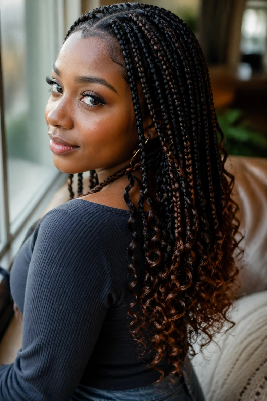 Brown peekaboo box braids with curly ends on a real woman, close-up portrait with textured curls
