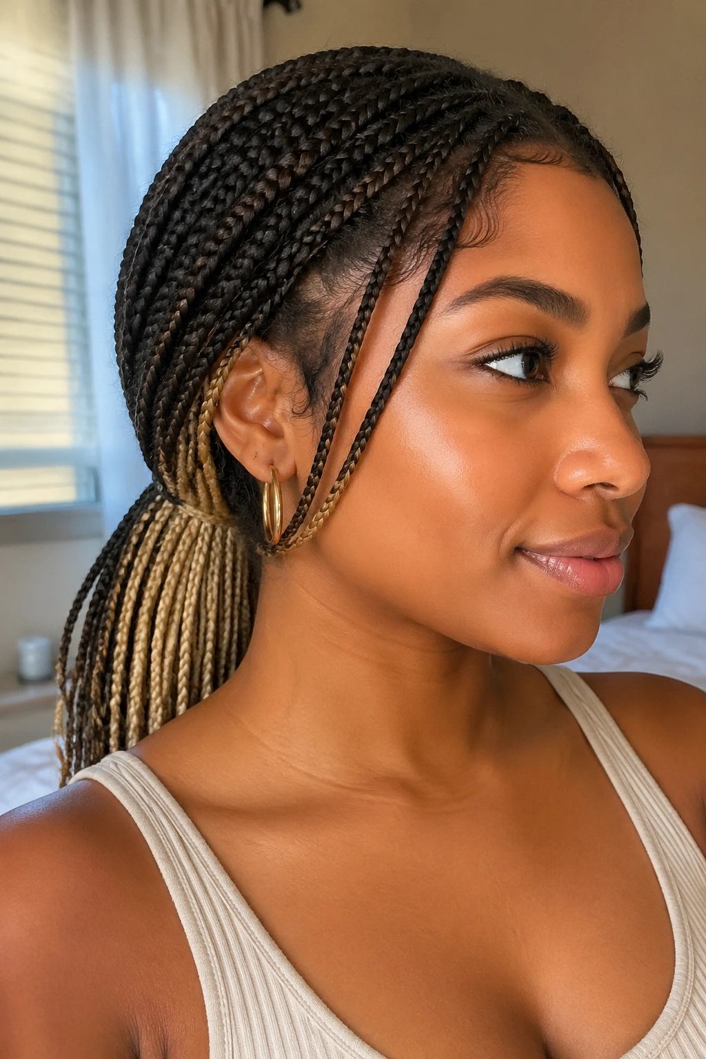Portrait of a real woman with blonde peekaboo knotless box braids in a low ponytail showing the hidden blonde at the nape.