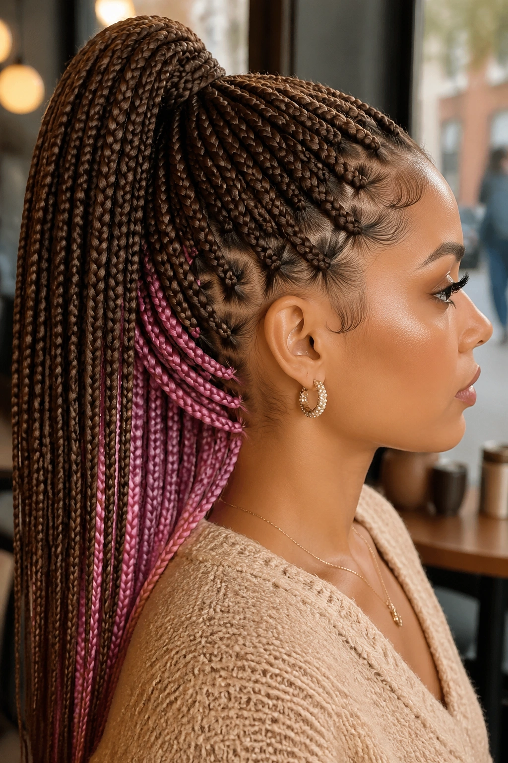 Side profile of a real woman with chestnut brown high pony and pink peekaboo