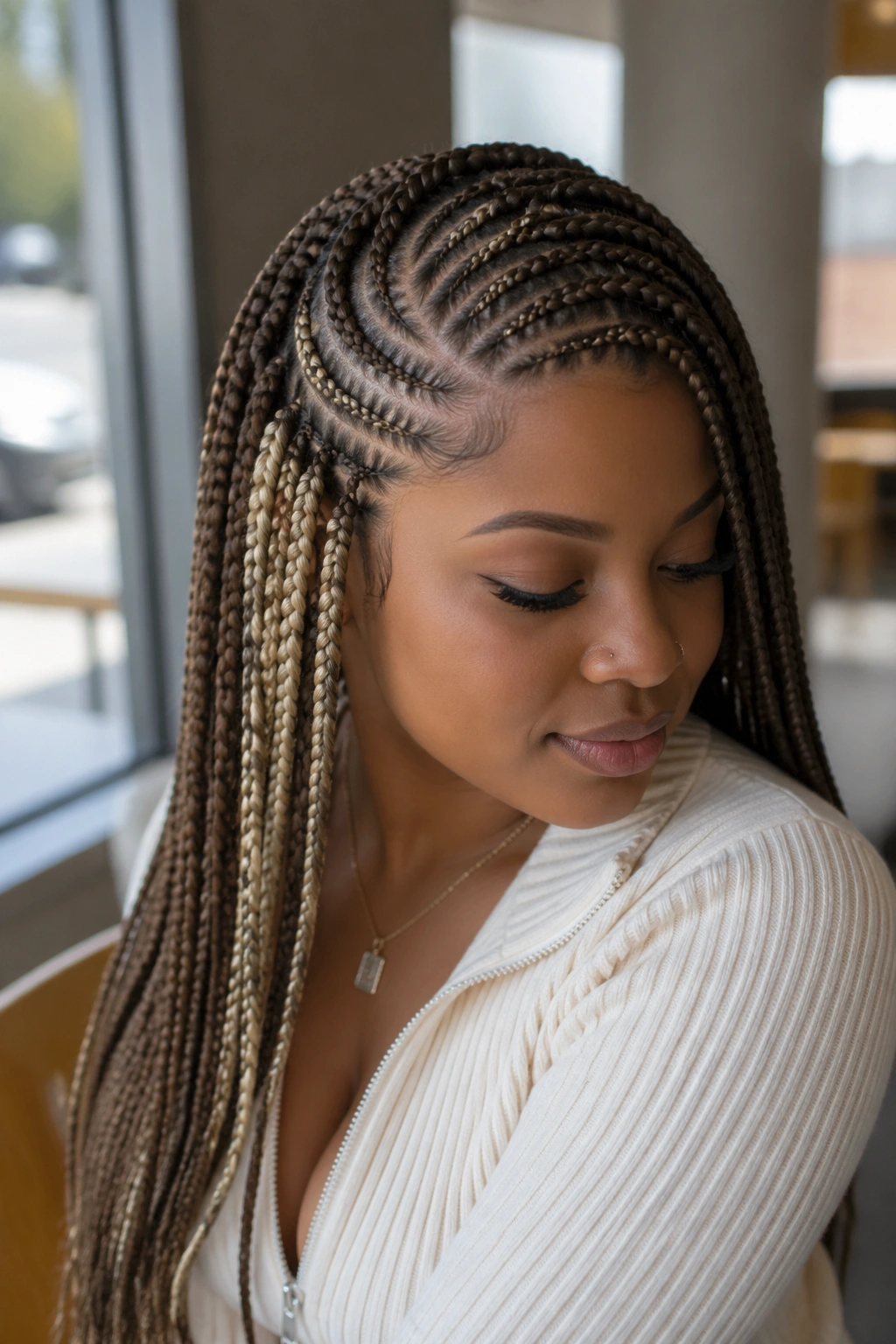 Close-up portrait of a real person with curved-part peekaboo braids in walnut and honey blend near a window