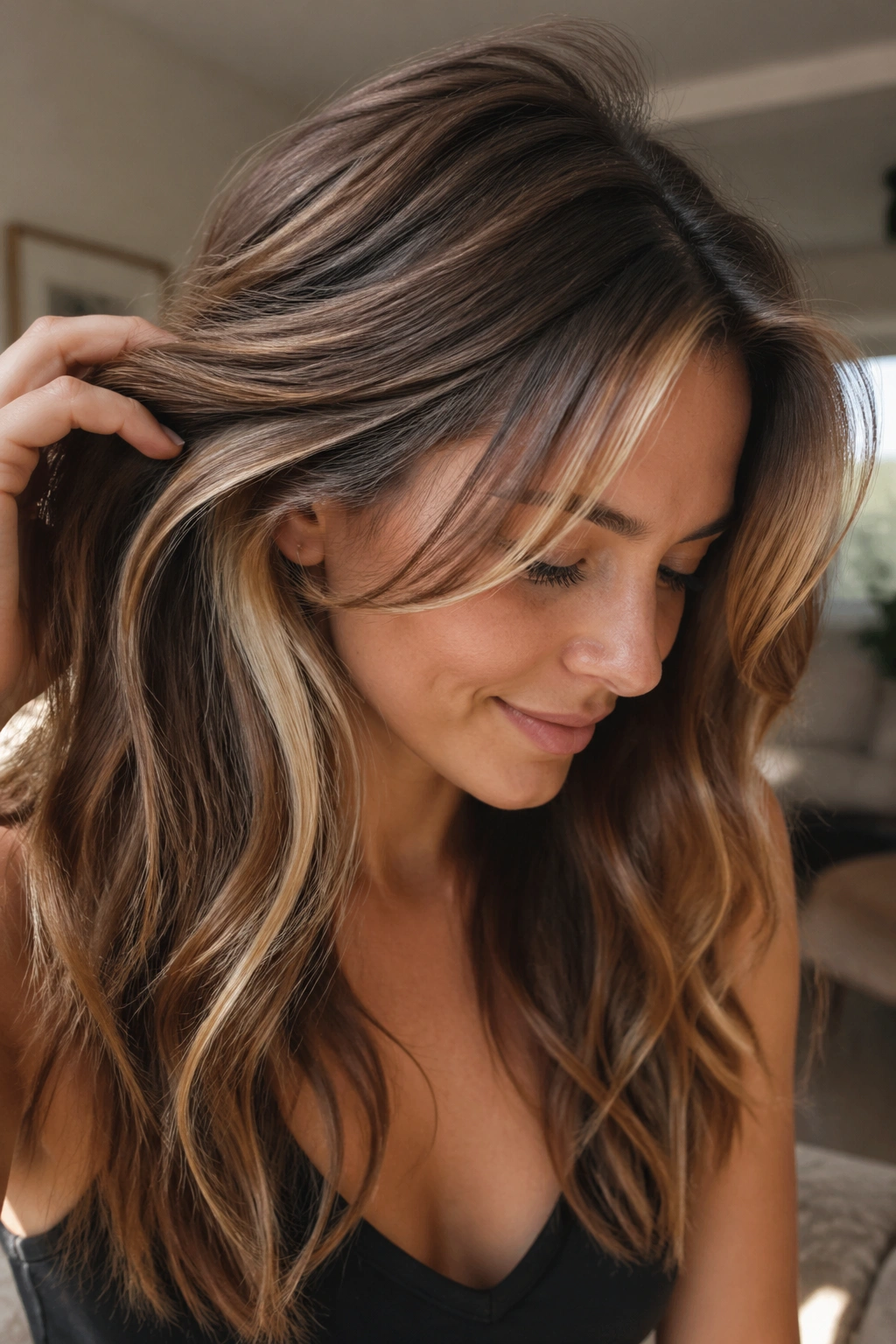 Close-up of hidden highlight panels under face layers in hair