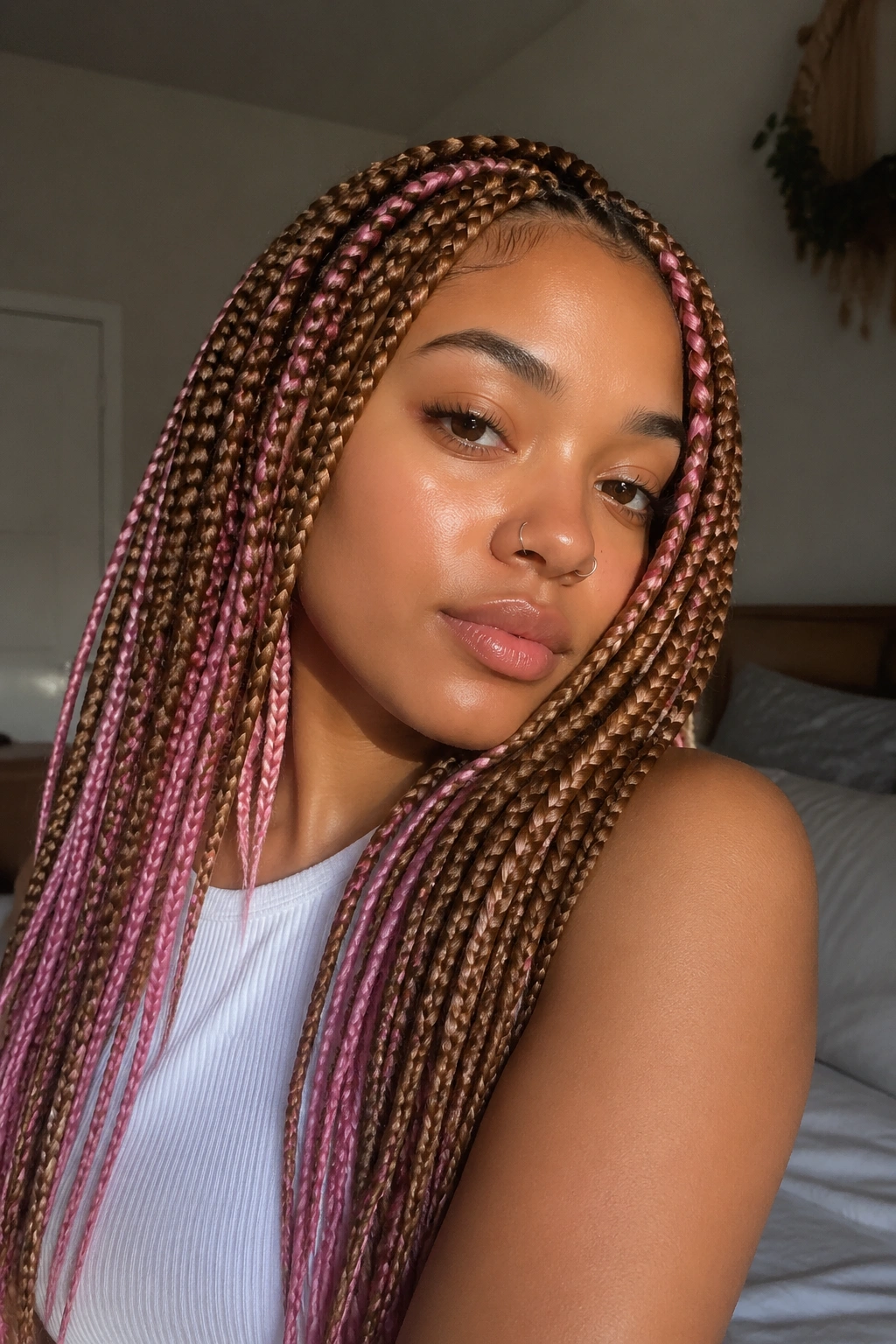Close-up of a real woman with honey brown base and dusty pink layers in peekaboo box braids.