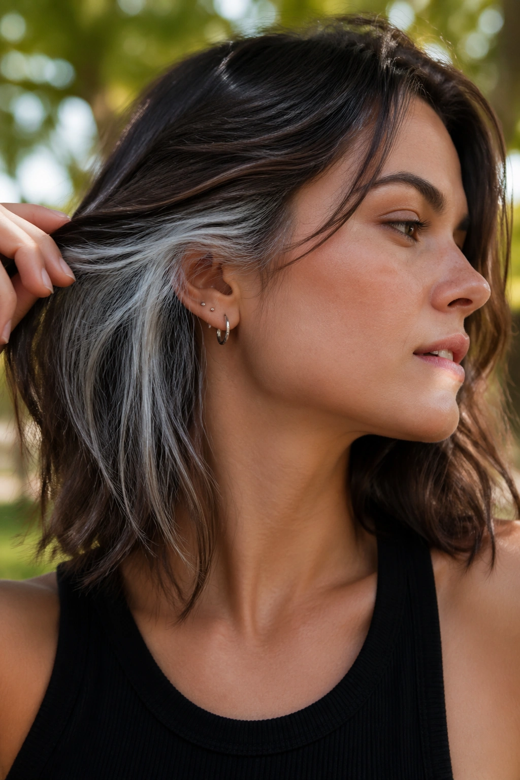 Close-up of hair showing silver peekaboo panels beneath the top layer