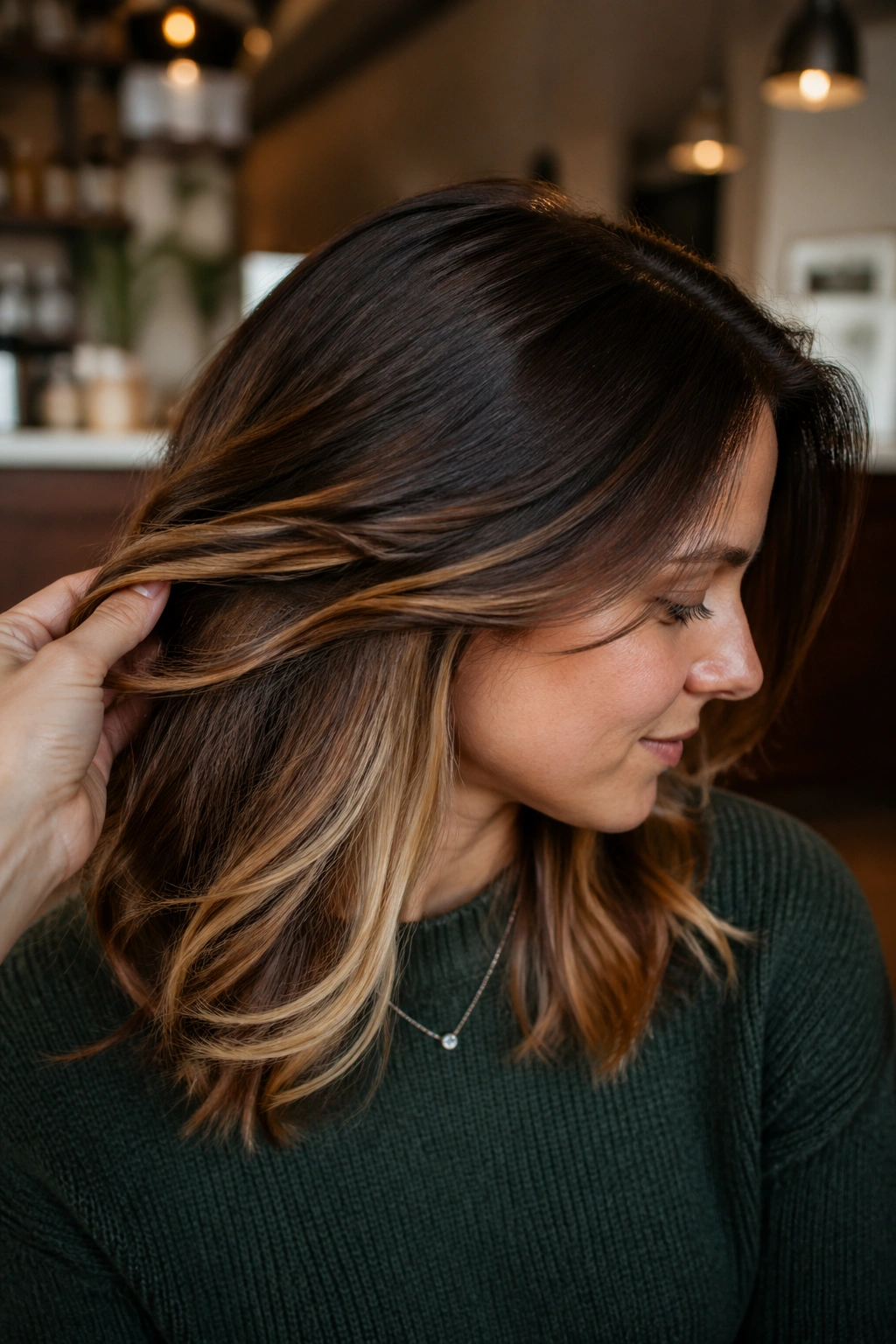 Shoulder-length layered hair with peekaboo color under the top layer on a real person