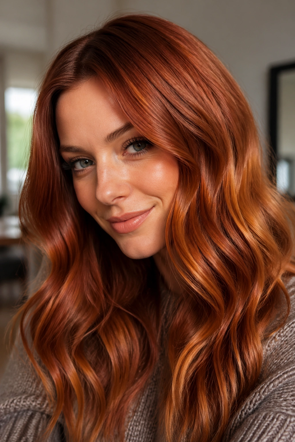 Close-up portrait of a real woman with true penny copper hair and glossy finish.