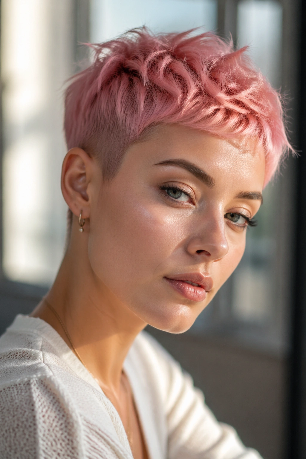 Close-up portrait of a real person with a petal pink pixie haircut in natural light.