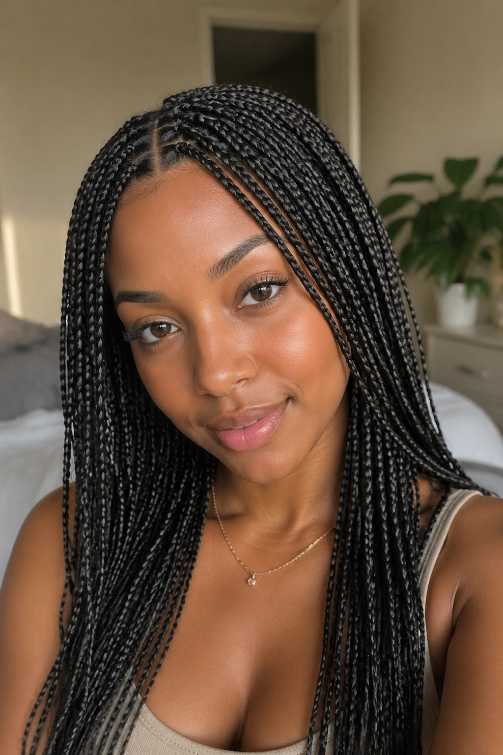Close-up portrait of a real woman with petite box braids in a cozy bedroom setting