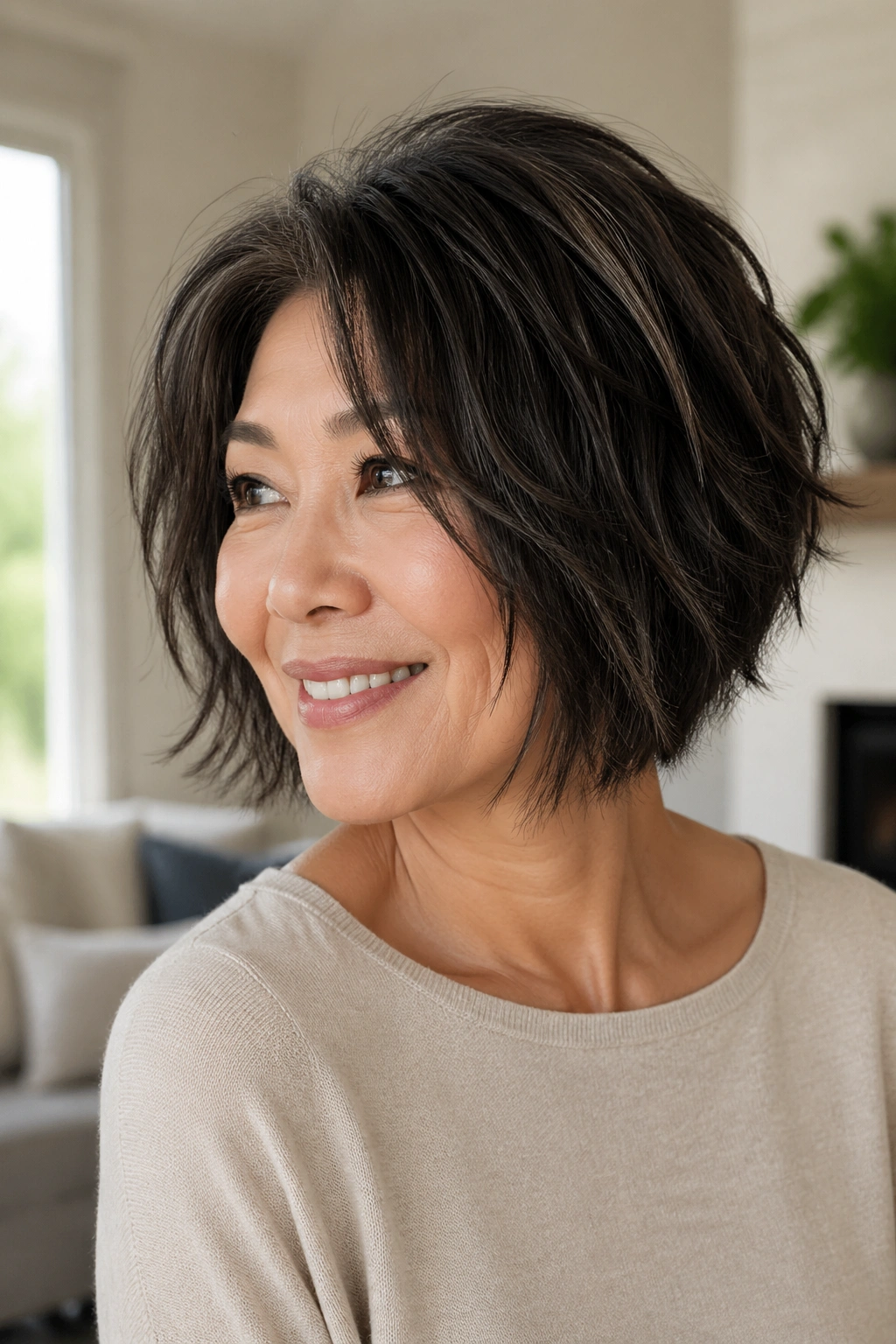 Real woman with piece-y bob hairstyle for thick hair