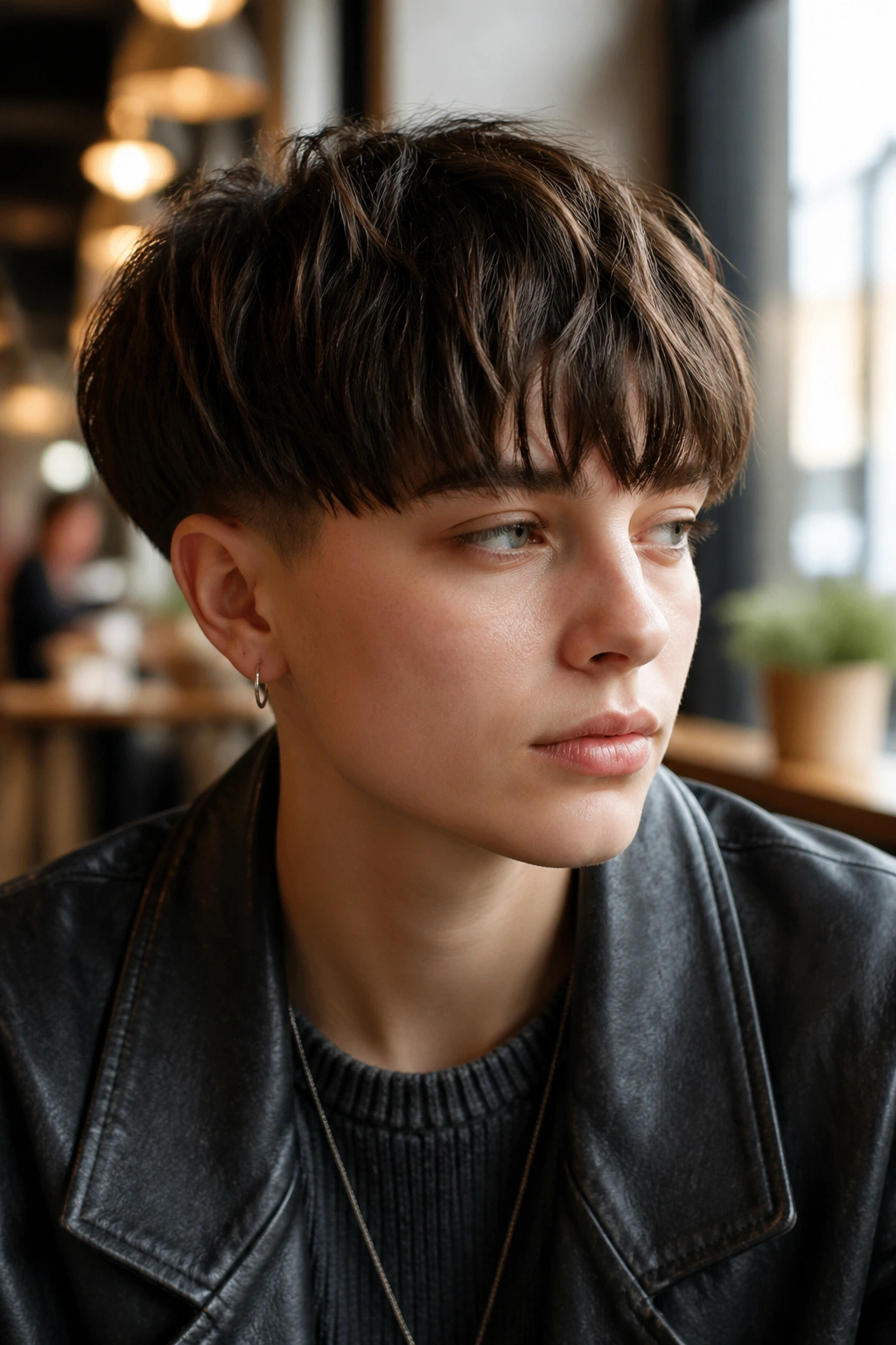 Close-up portrait of real person with textured piecey bowl cut in cafe light
