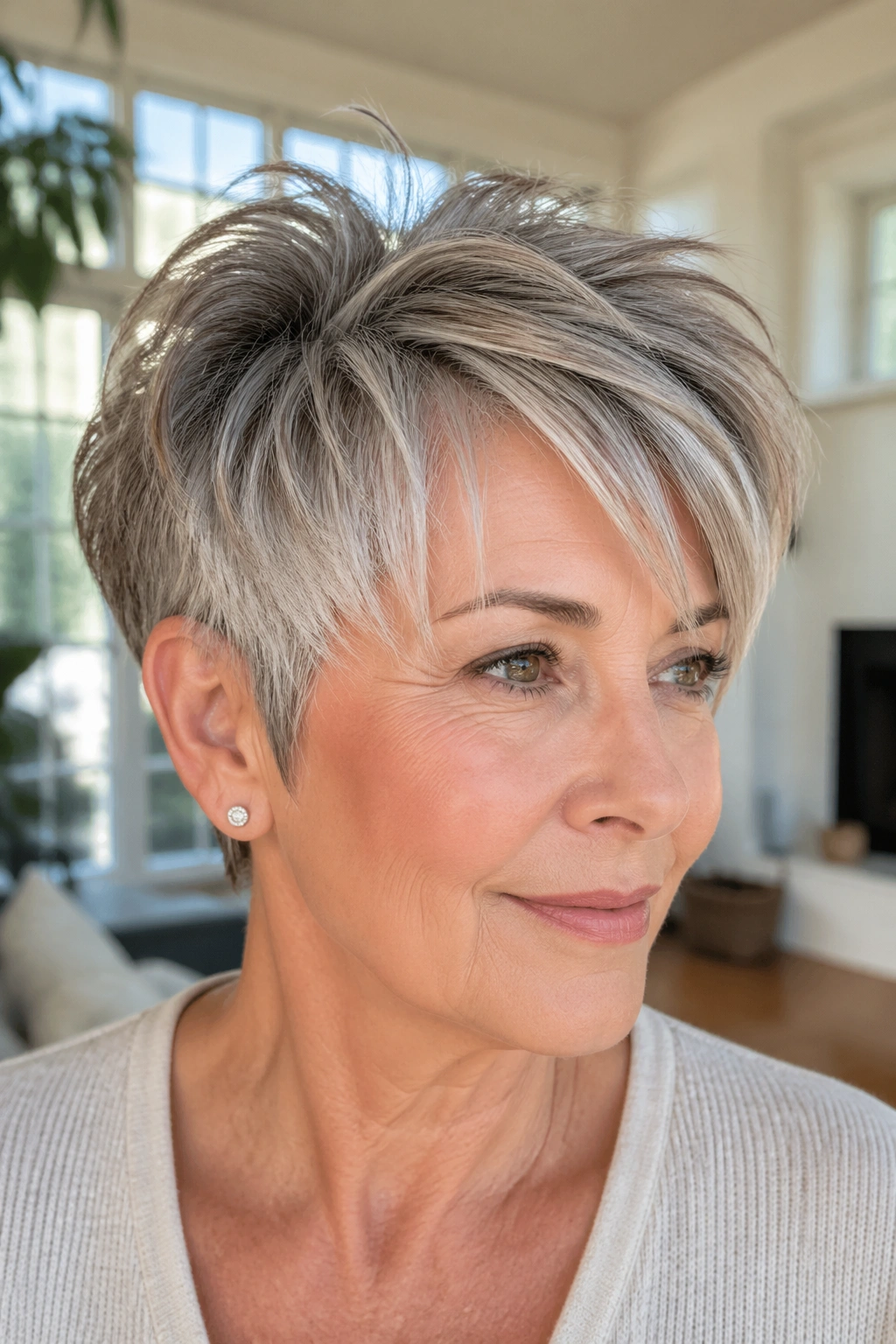 Close-up of an older woman with a piecey crop and long top layers in a sunlit room.