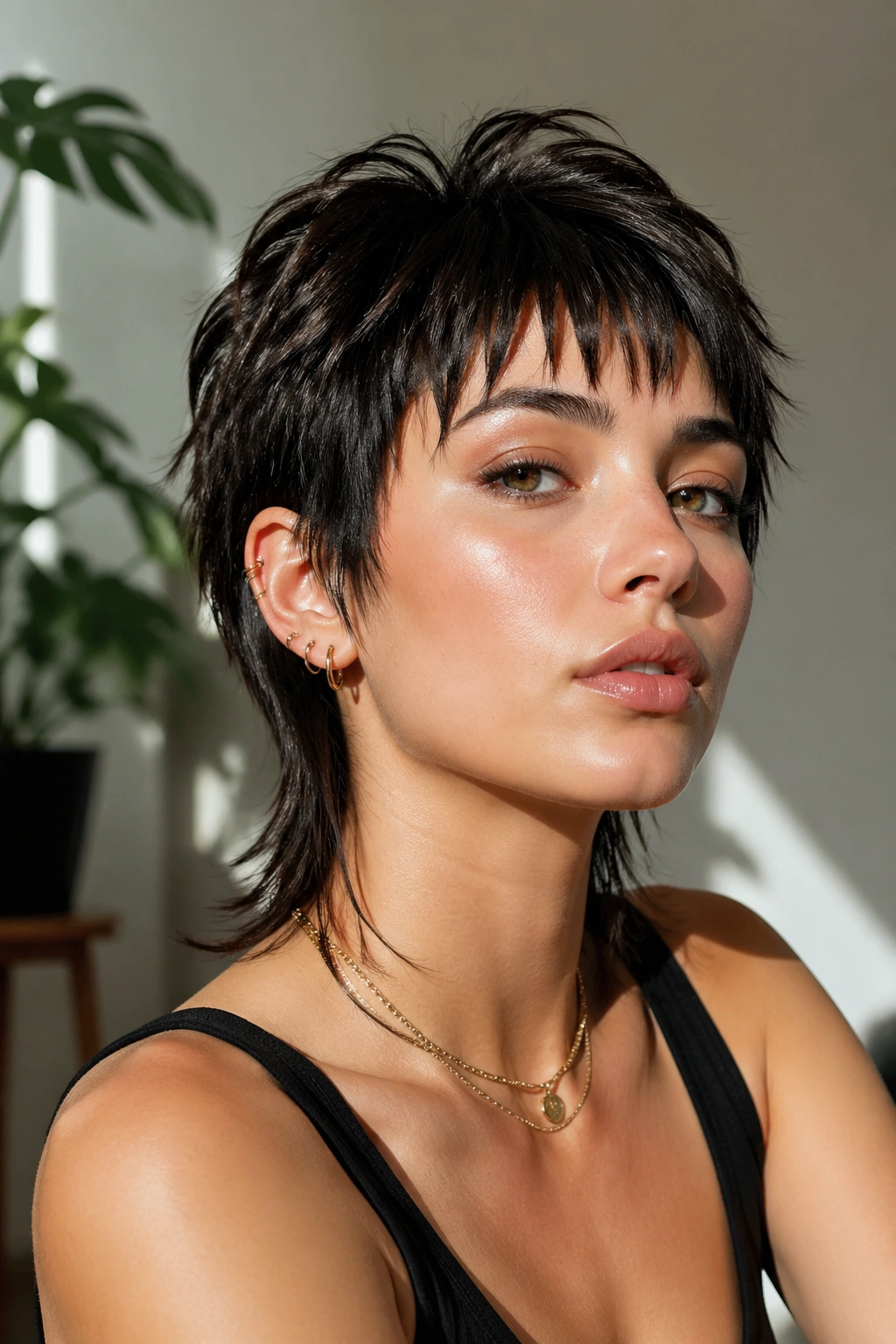 Close-up of real woman with piece-y fringe pixie mullet
