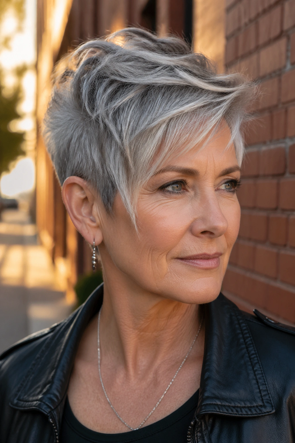 Portrait of a real woman with a piecey pixie and a long top.