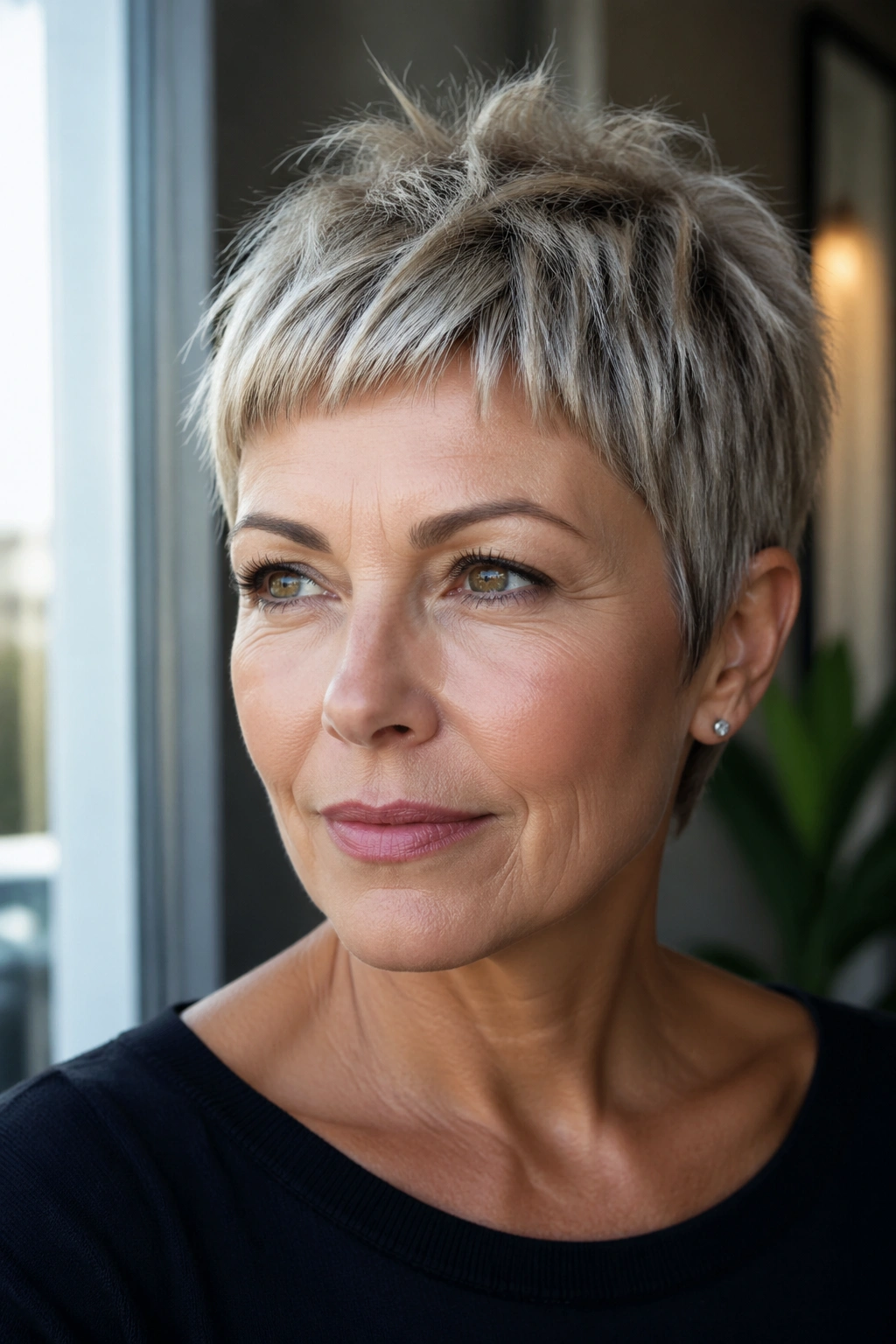 Close-up of a real woman with micro bangs and piecey pixie in bright window light