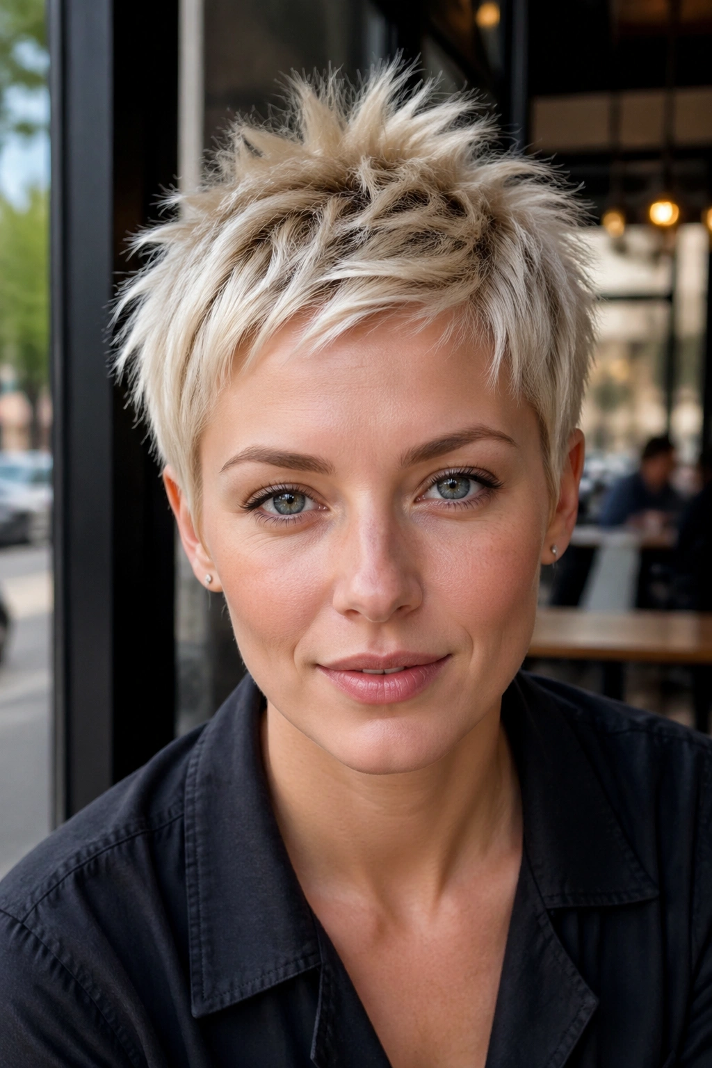 Close-up of a real woman with piecey spiky blonde pixie and matte texture