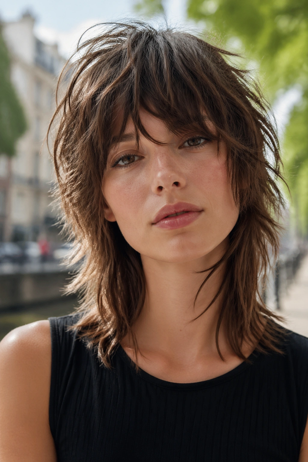 Real person with piecey tousled shag texture in daylight outdoors