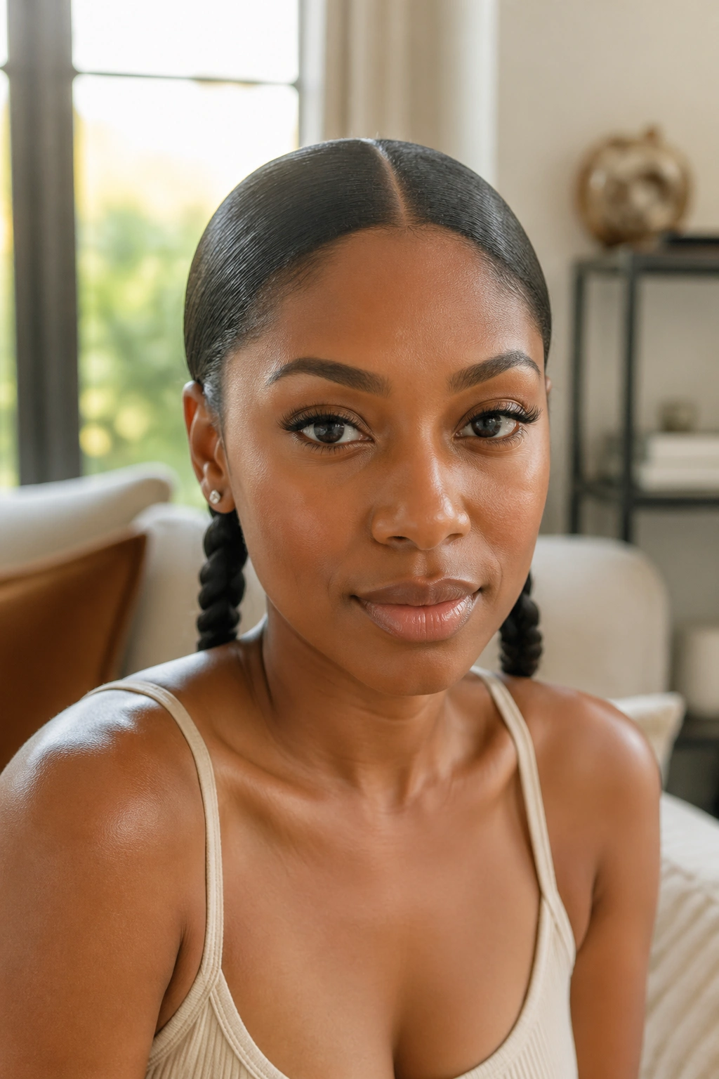 Close-up of a real woman with sleek low center-part pigtails at the nape, natural window light.