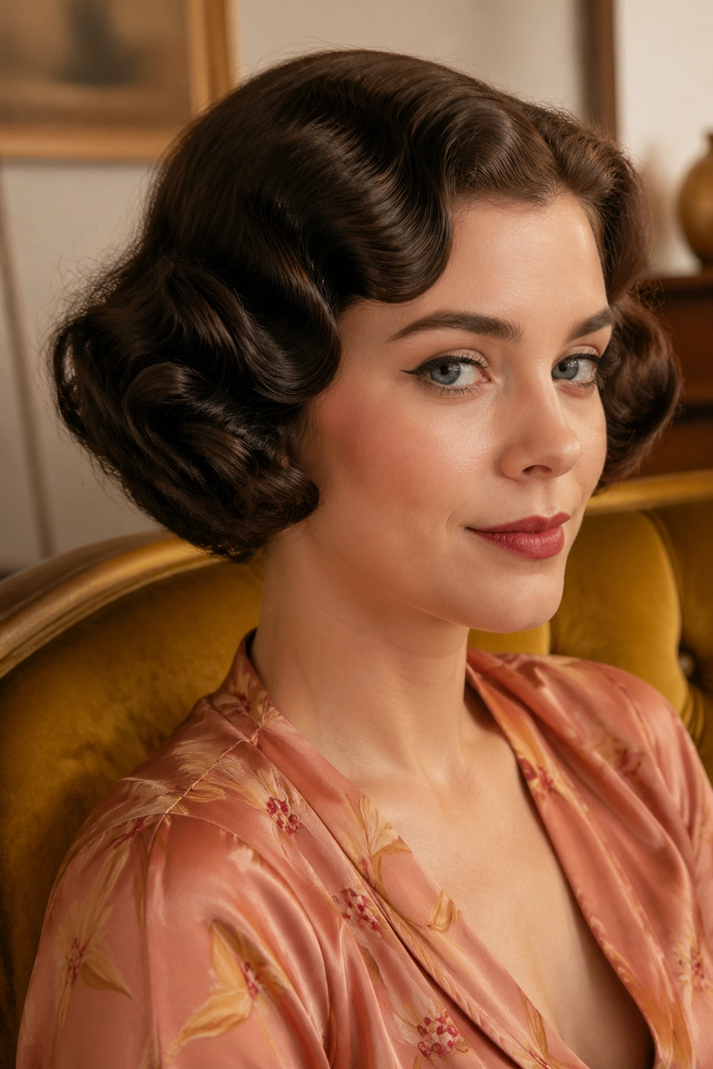 Portrait of real person with vintage bob and pin curls