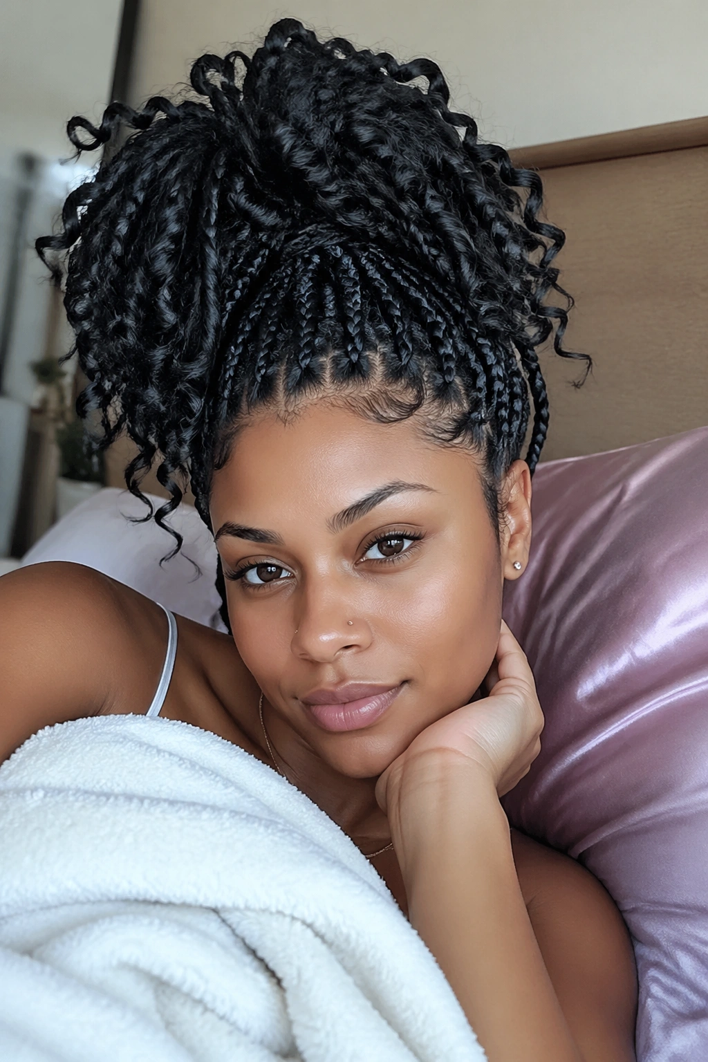 Real woman with high pineapple braid-out, roots lifted and ends loose.