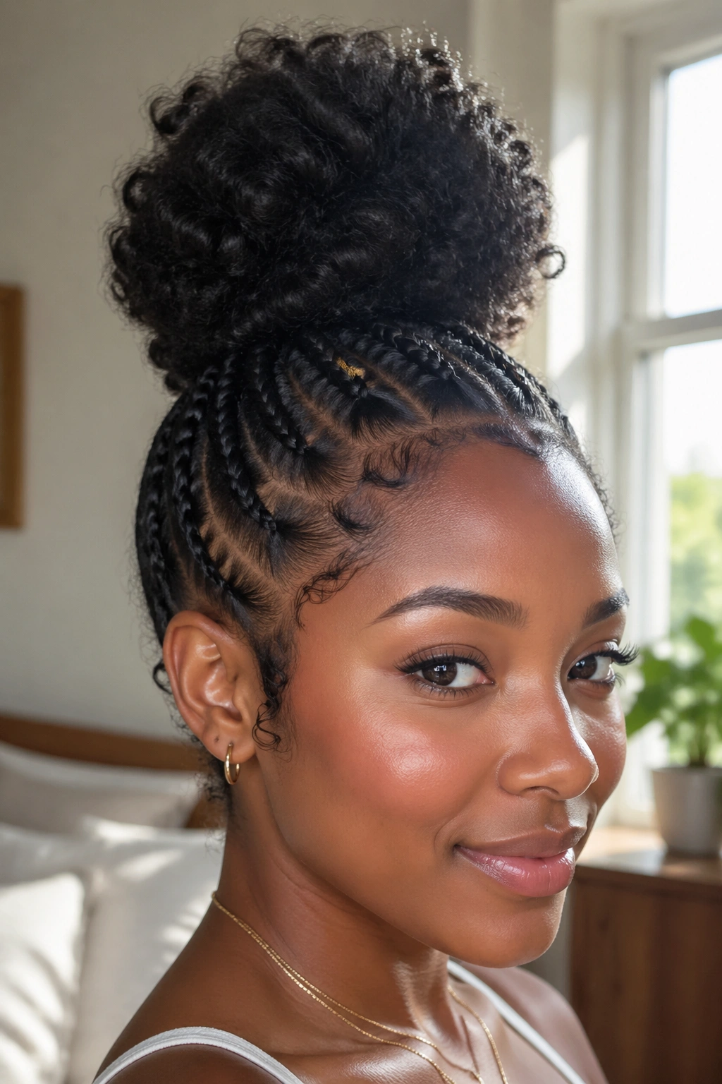 Close-up of a real woman's head showing a high pineapple bun formed by a feed-in braid