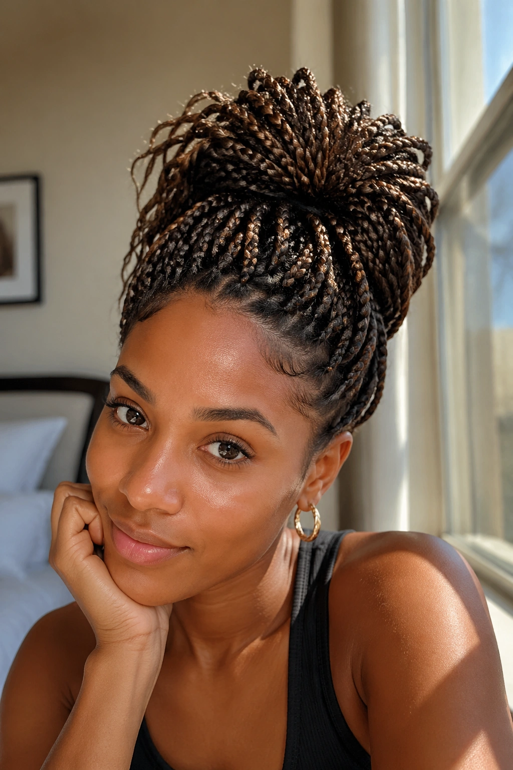 Close-up of real woman with a high pineapple bun hairstyle