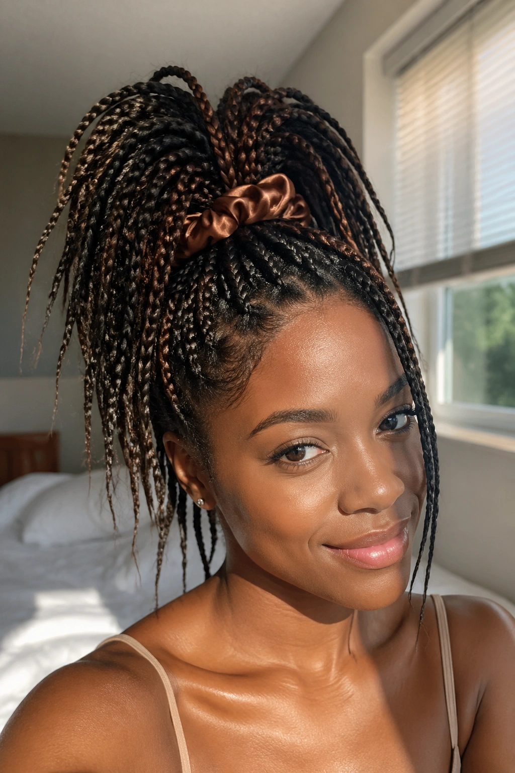 Close-up of a real person with a high pineapple ponytail of short box braids and a satin scrunchie