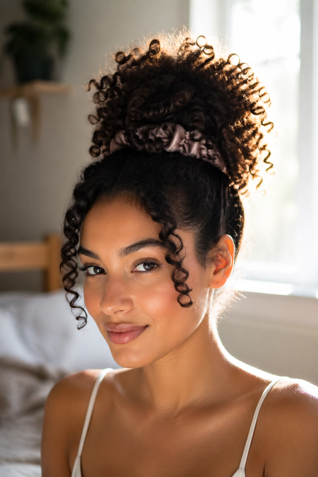 Close-up of a real woman with a high pineapple puff hairstyle under natural window light