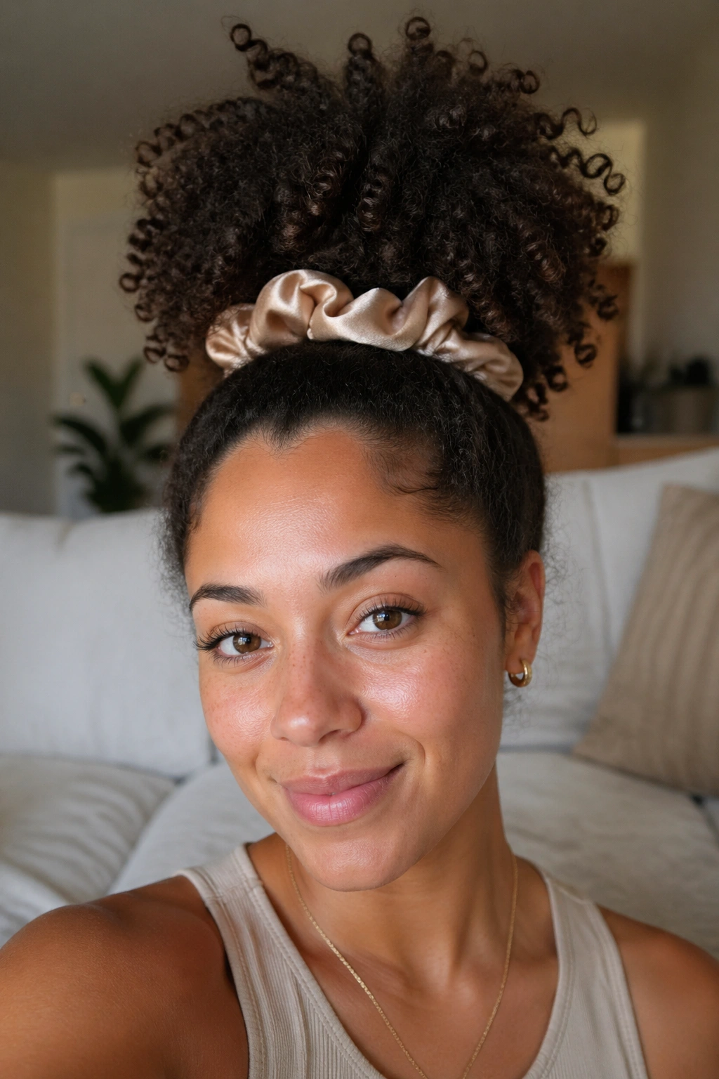 Close-up of real woman with a pineapple puff hairstyle