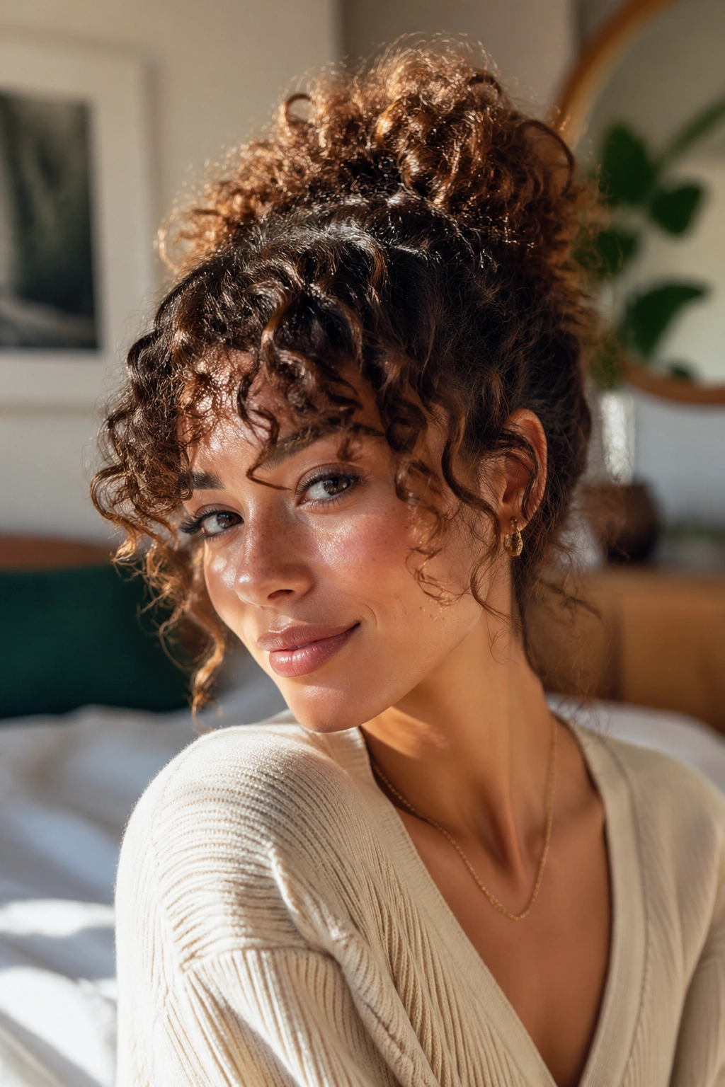 Close-up portrait of a real woman wearing a pineapple updo with loose bangs in natural window light