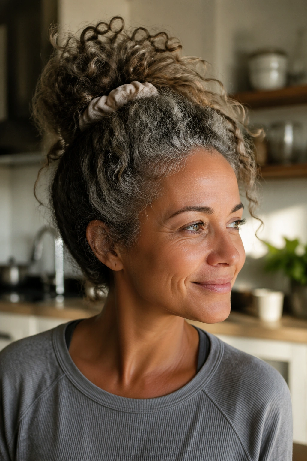 Close-up of a real woman with a pineapple updo in a casual home setting