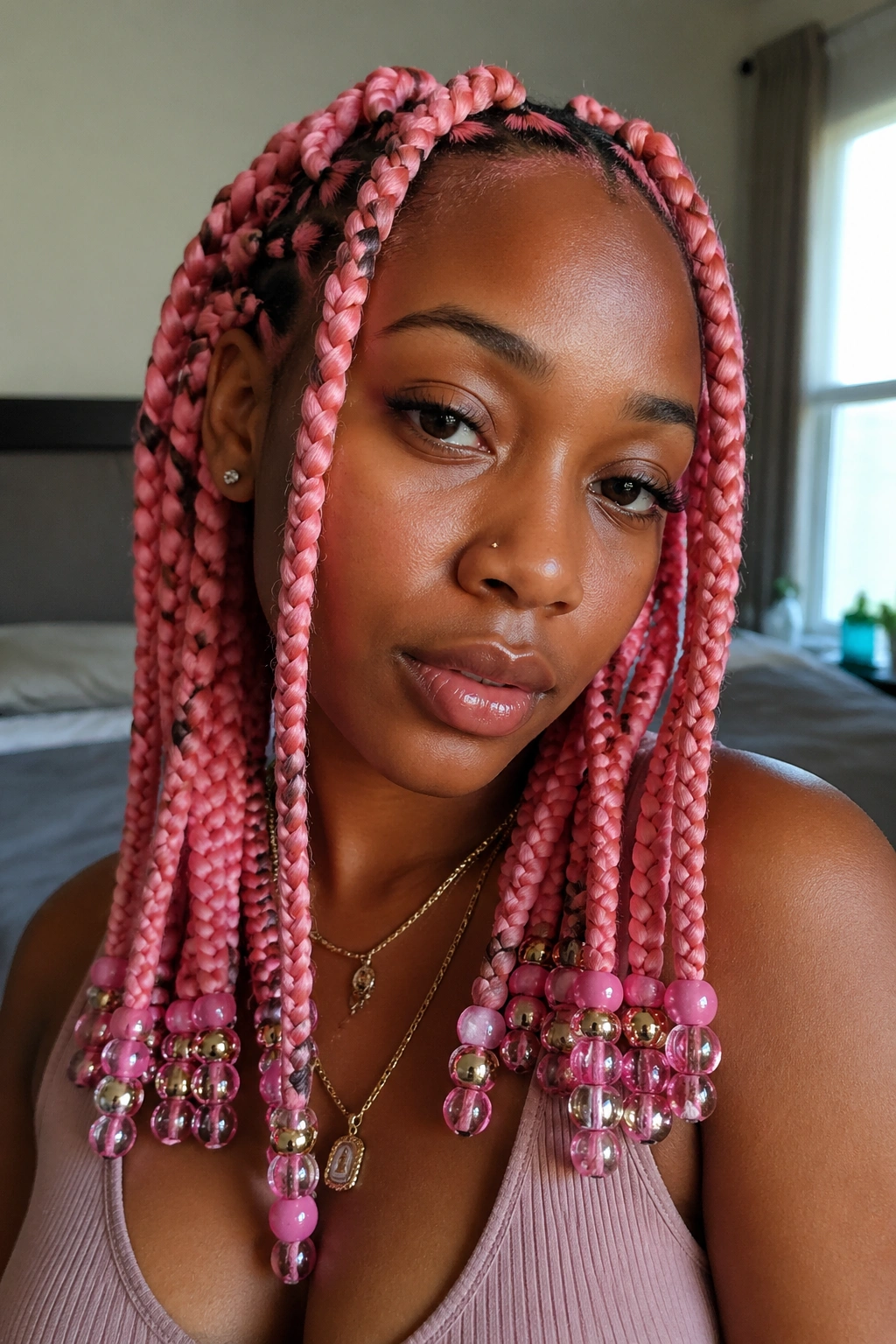 Close-up of jumbo pink box braids with beads at the ends on face-framing braids in warm window light