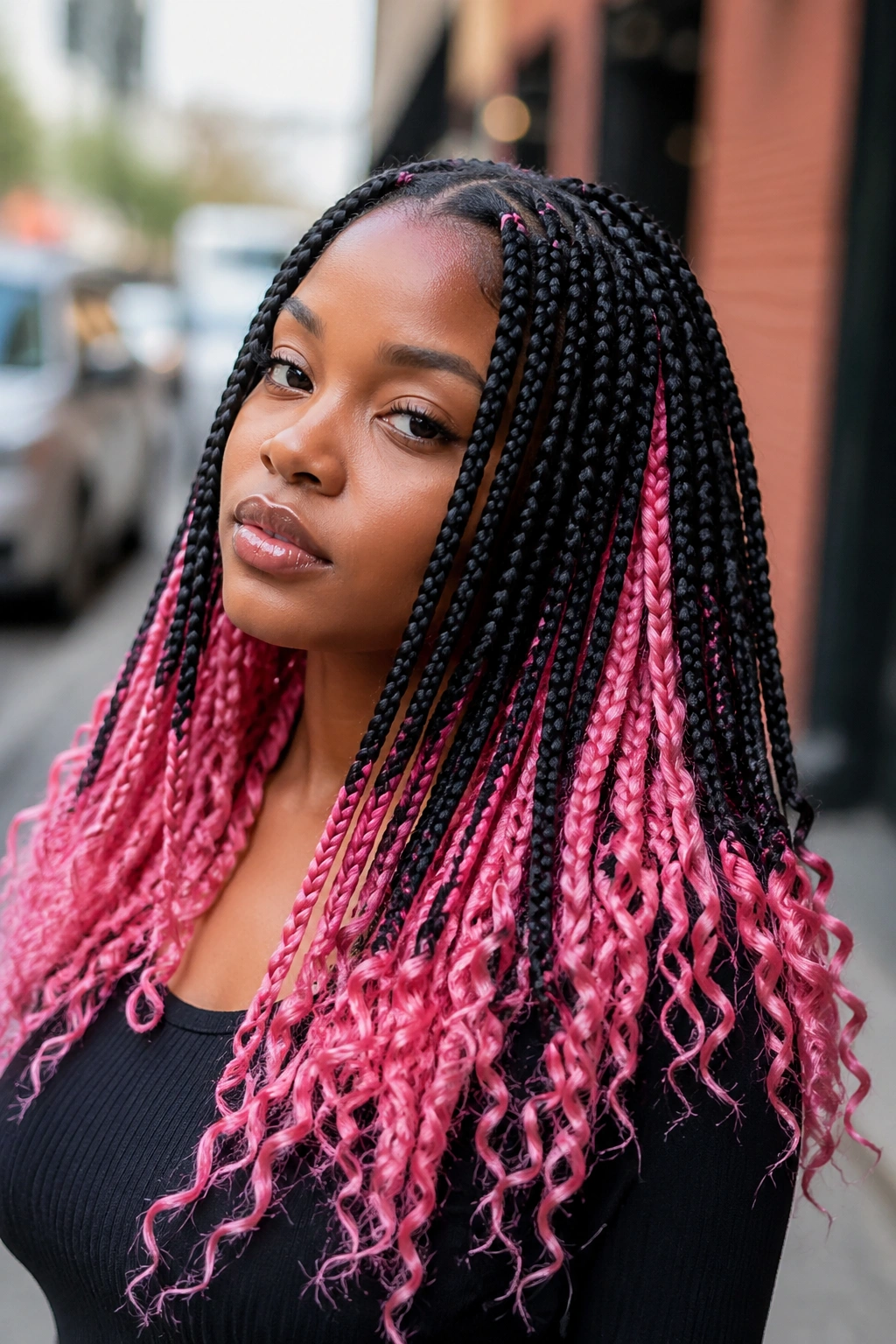 Close-up portrait of a real woman with pink and black peekaboo knotless braids and curly tips