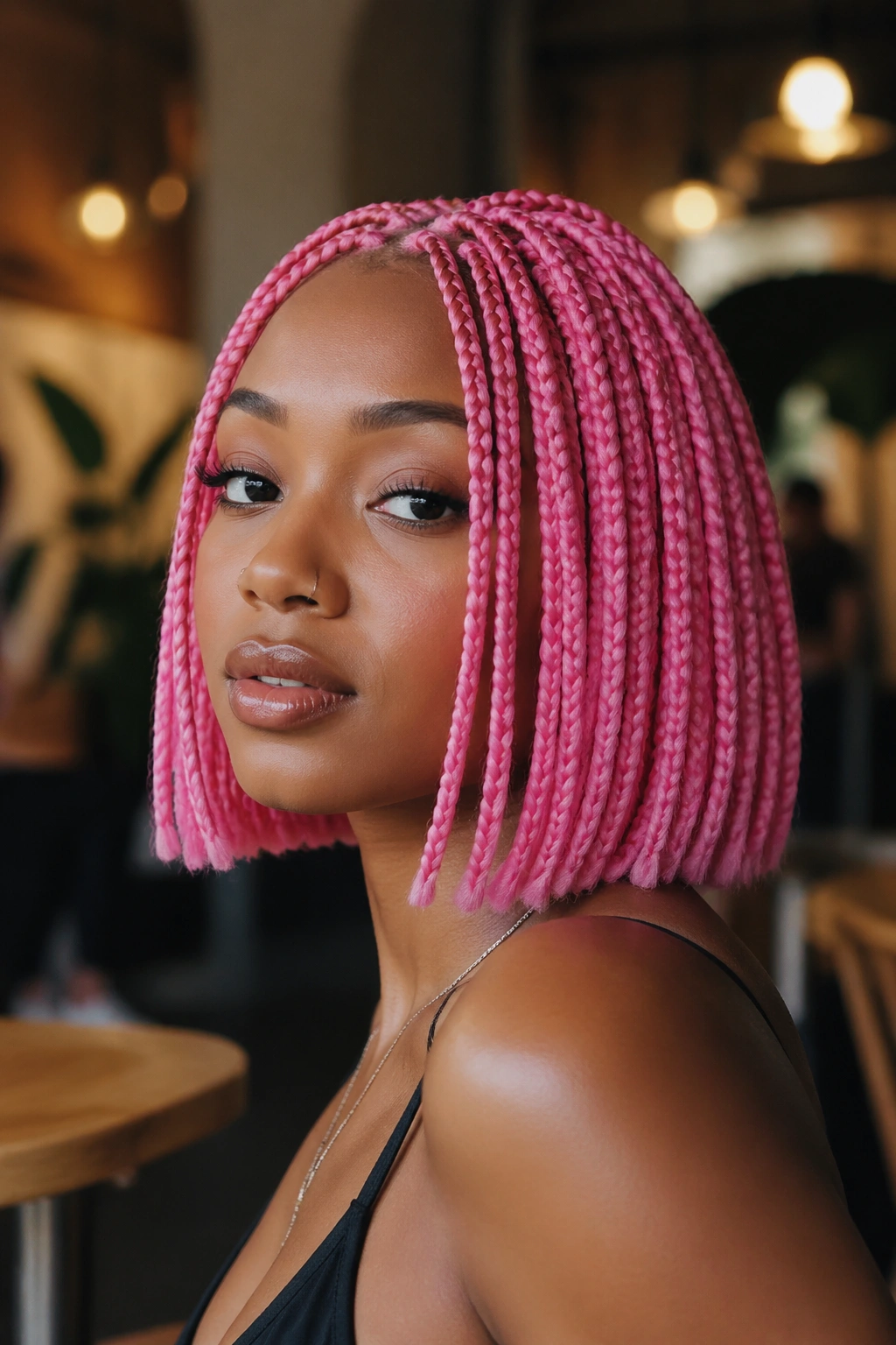 Real woman with blunt pink bob in cafe lighting, close-up portrait