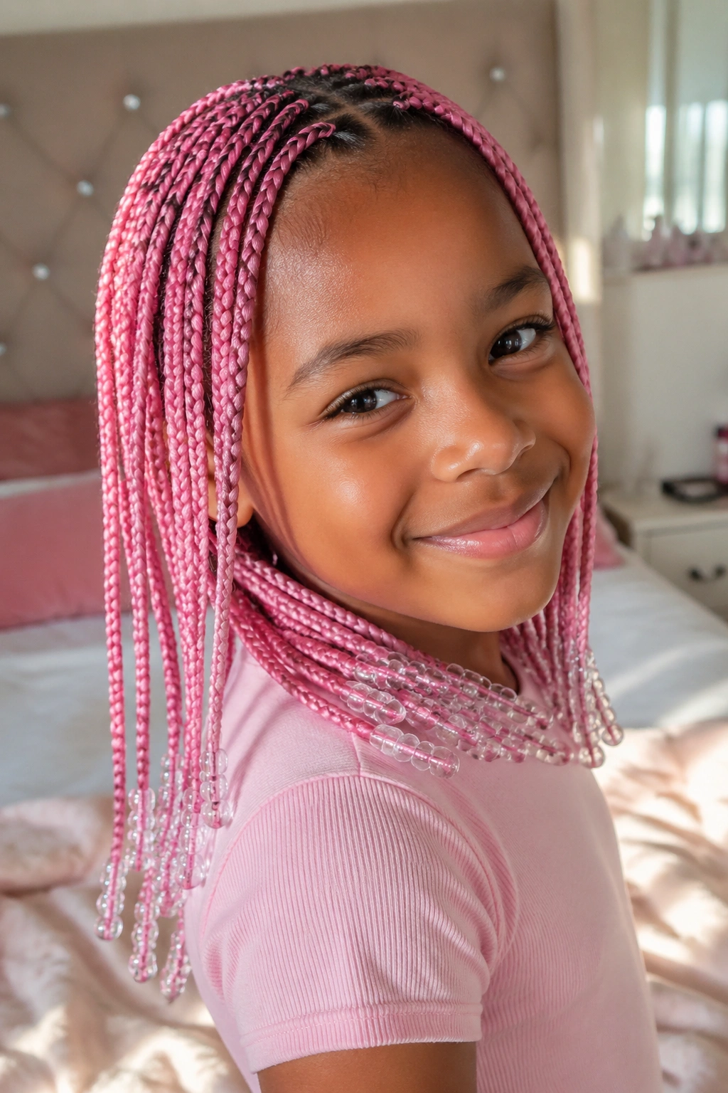 Close-up of a real child with pink box braids ending in lightweight beads in a sunlit bedroom