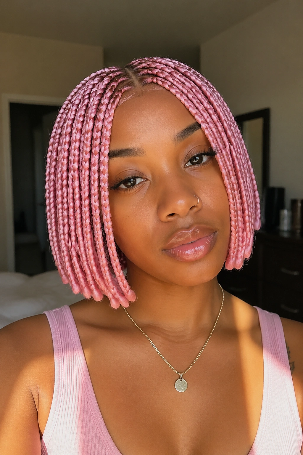 Close-up of a real woman with blush pink chin-length box braids in a tidy bob under window light