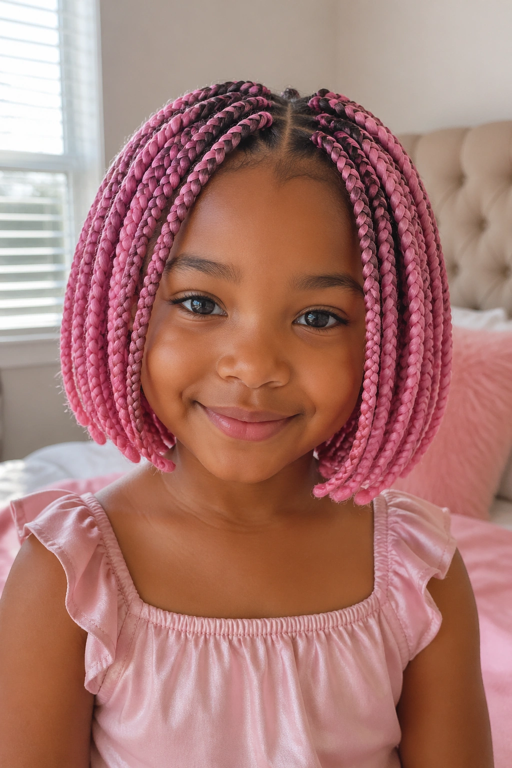 Child with chin-length pink box braids bob, portrait