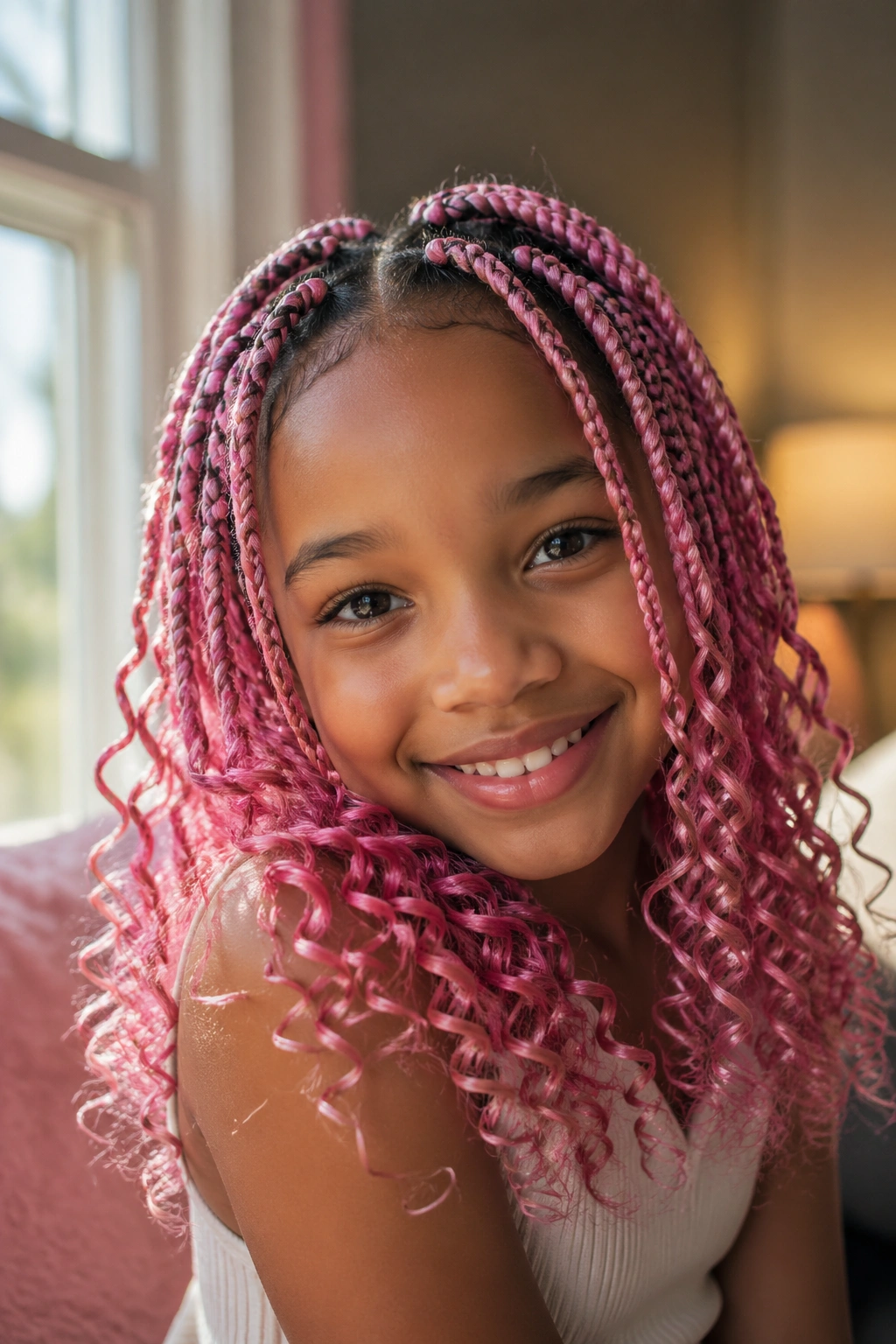Real child with pink box braids ending in curls in a sunlit indoor setting.