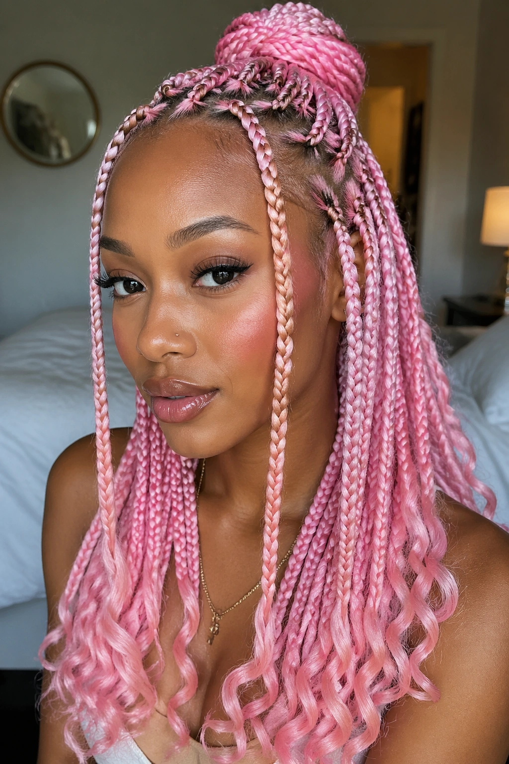 Close-up portrait of a real woman with cotton-candy pink knotless box braids in a half-up style, curly ends visible.