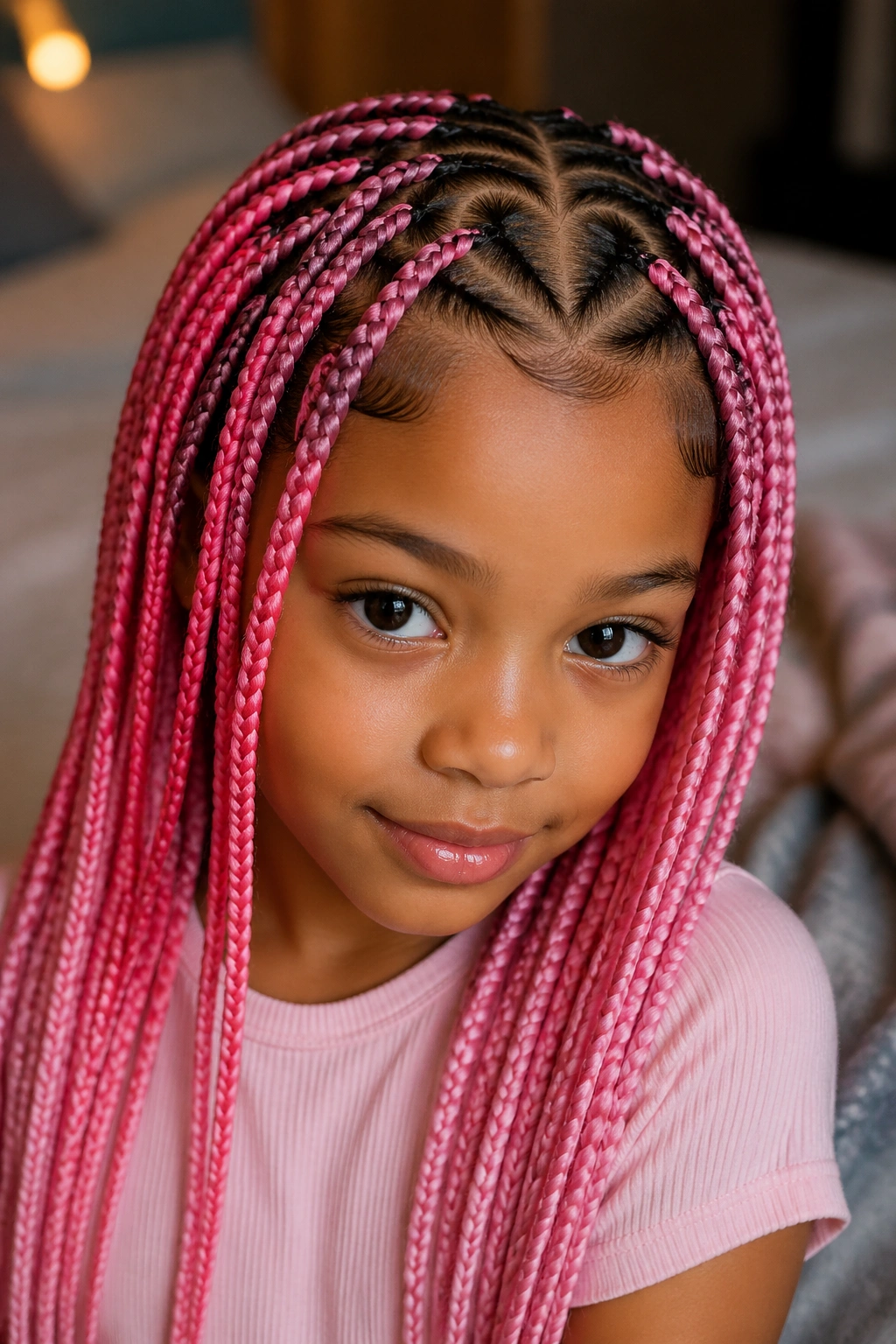 Child with pink box braids showing a heart-shaped part near the crown