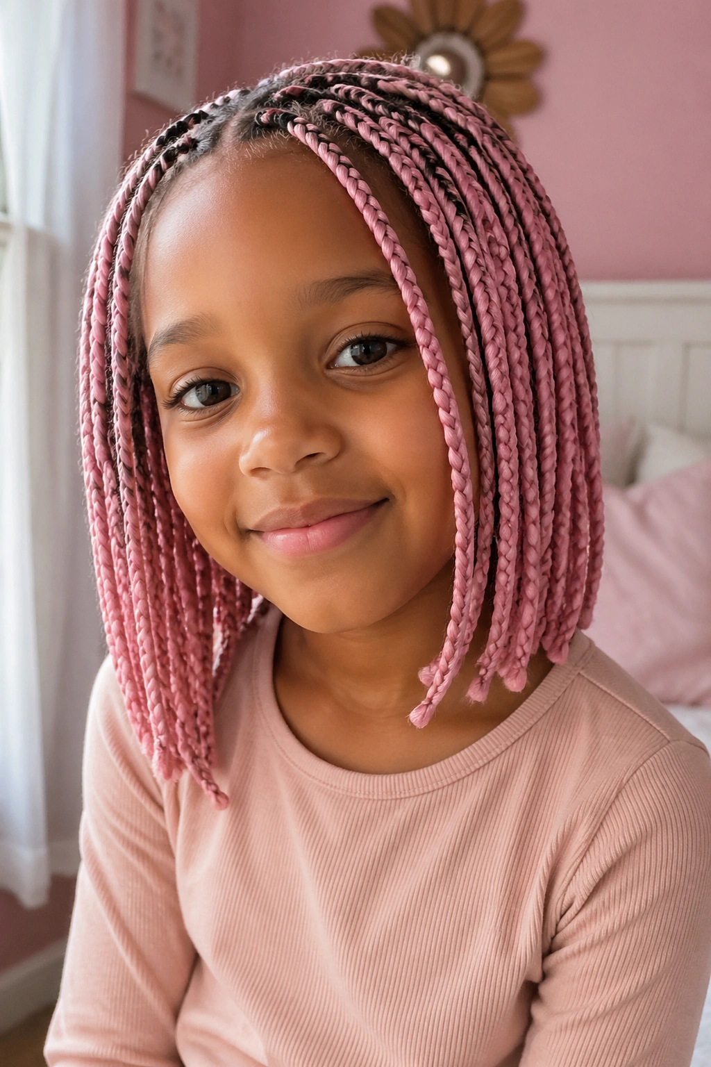 Close-up of a child with shoulder-length pink box braids in a cozy bedroom