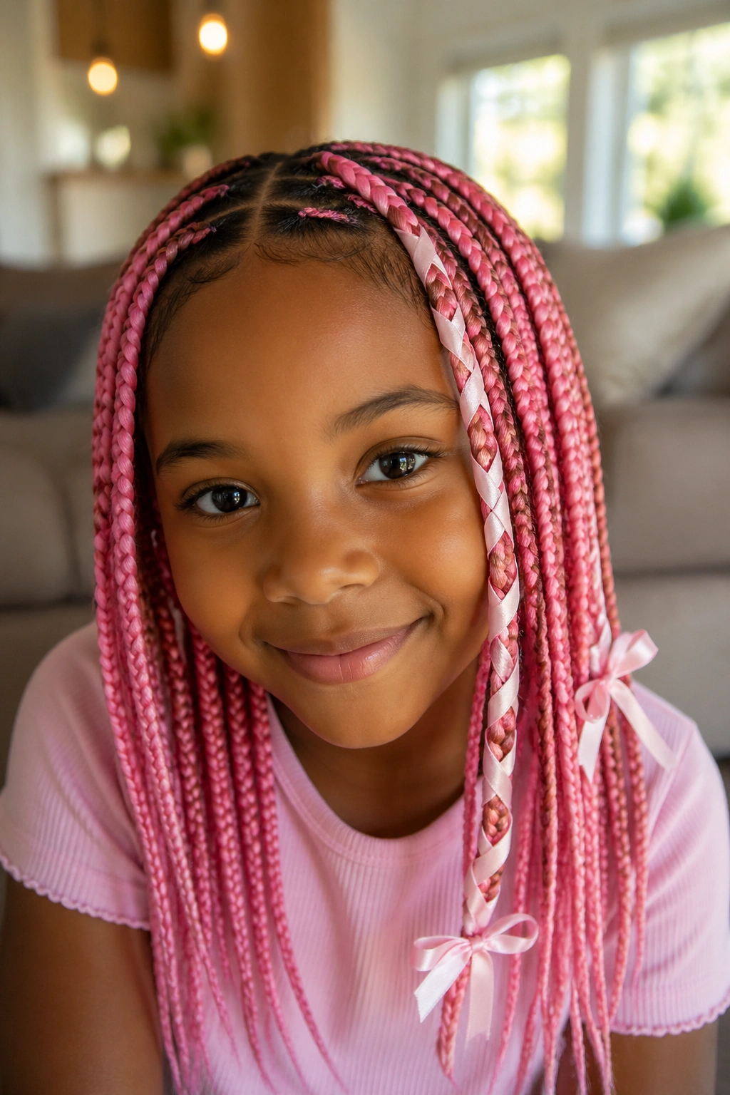 Real child with pink box braids featuring ribbon wraps near the front