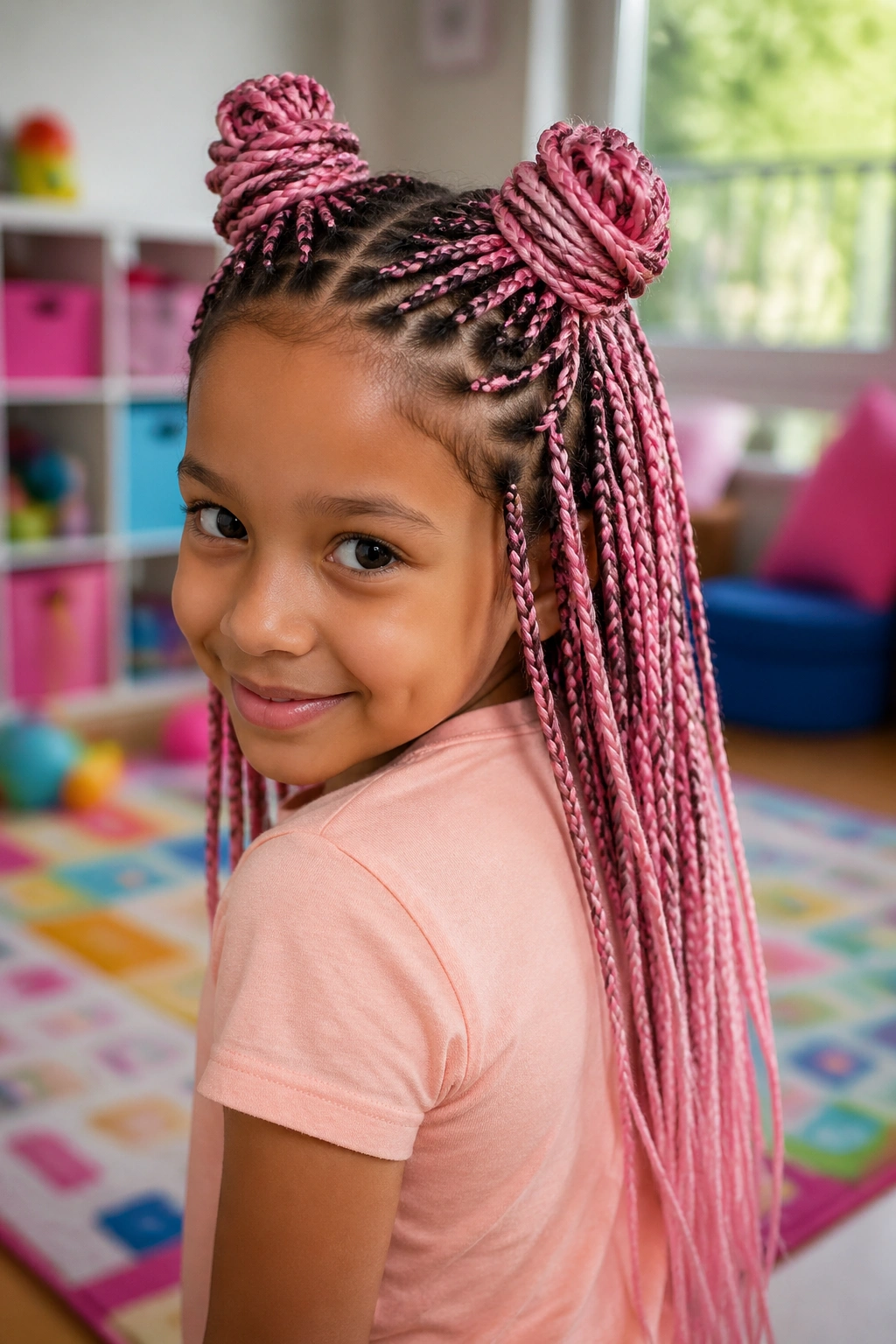 Real child with two small space buns made from pink box braids in a bright playroom