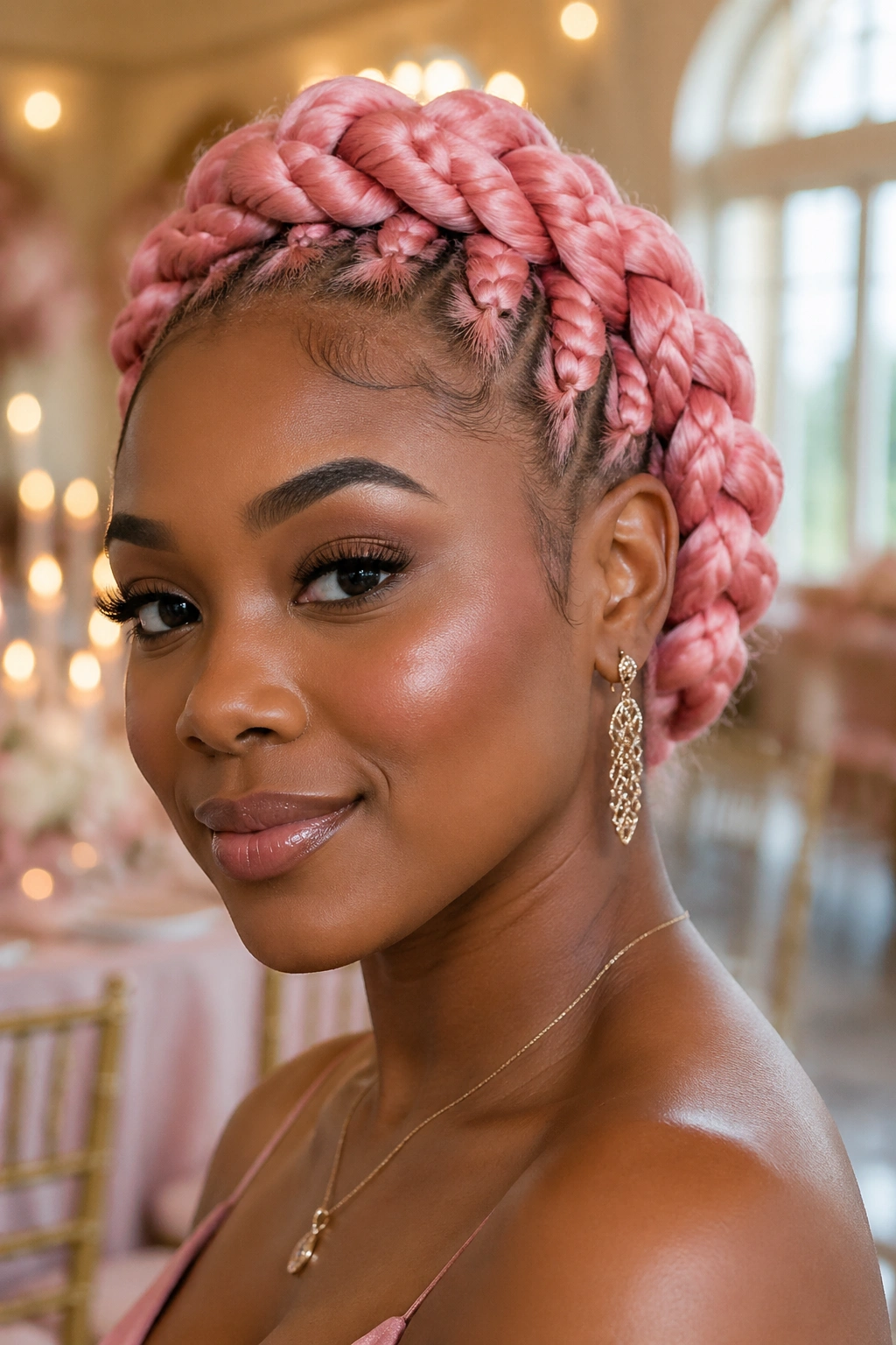 Real woman with pink braided crown updo in bright event space