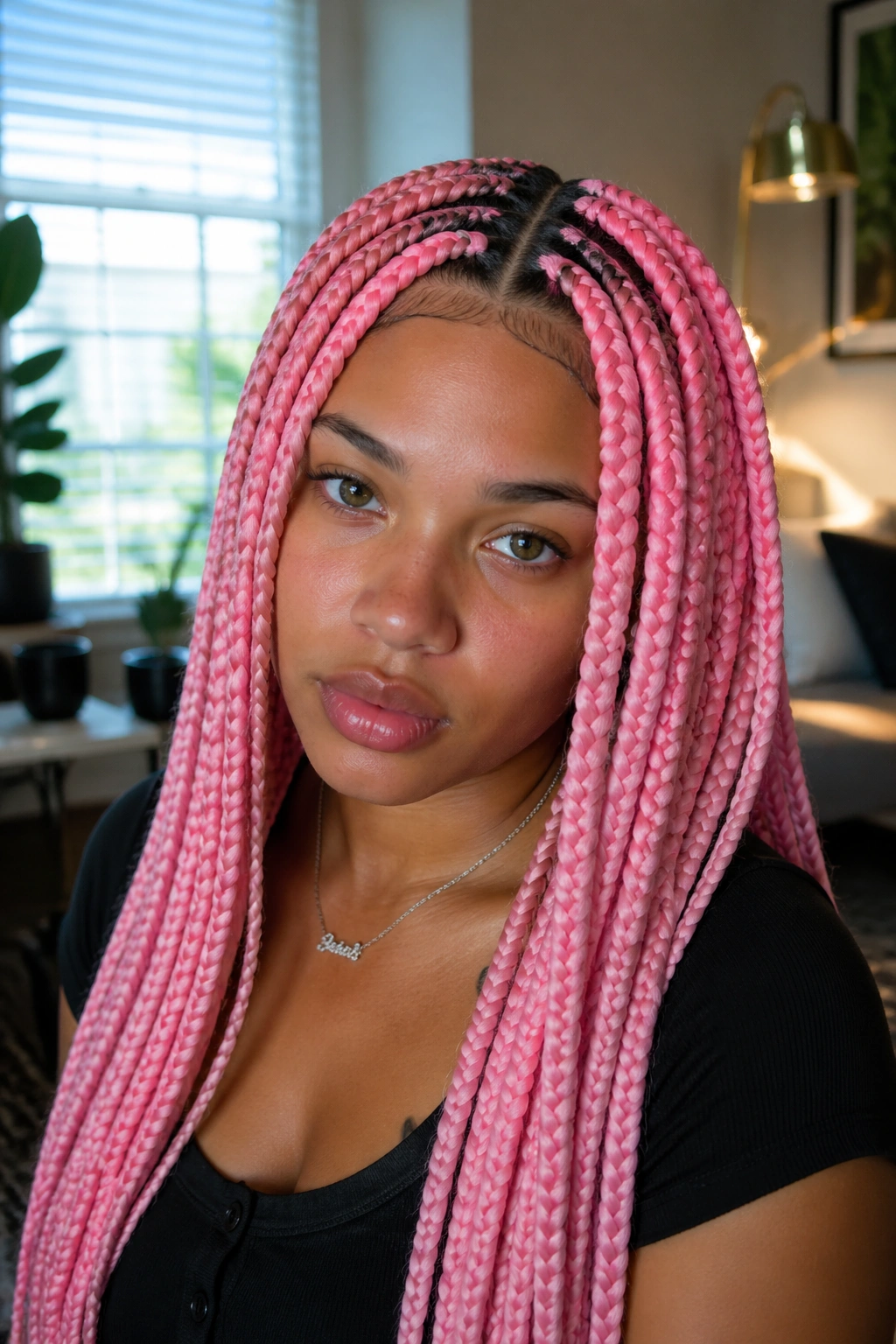 Close-up of a real woman with bubblegum pink jumbo box braids in a center part