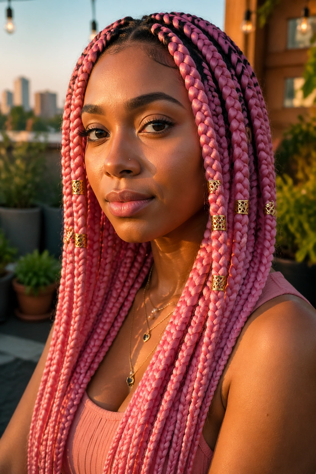 Real woman with pink braids and mid-length gold cuffs in golden hour light