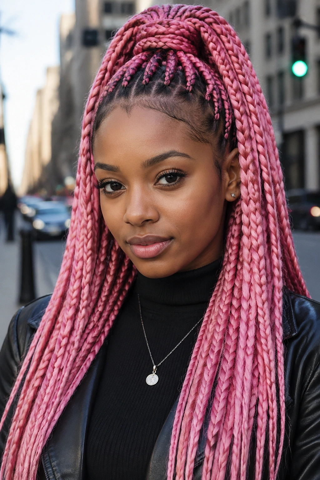 Portrait of a real woman with half-up high ponytail of pink jumbo box braids