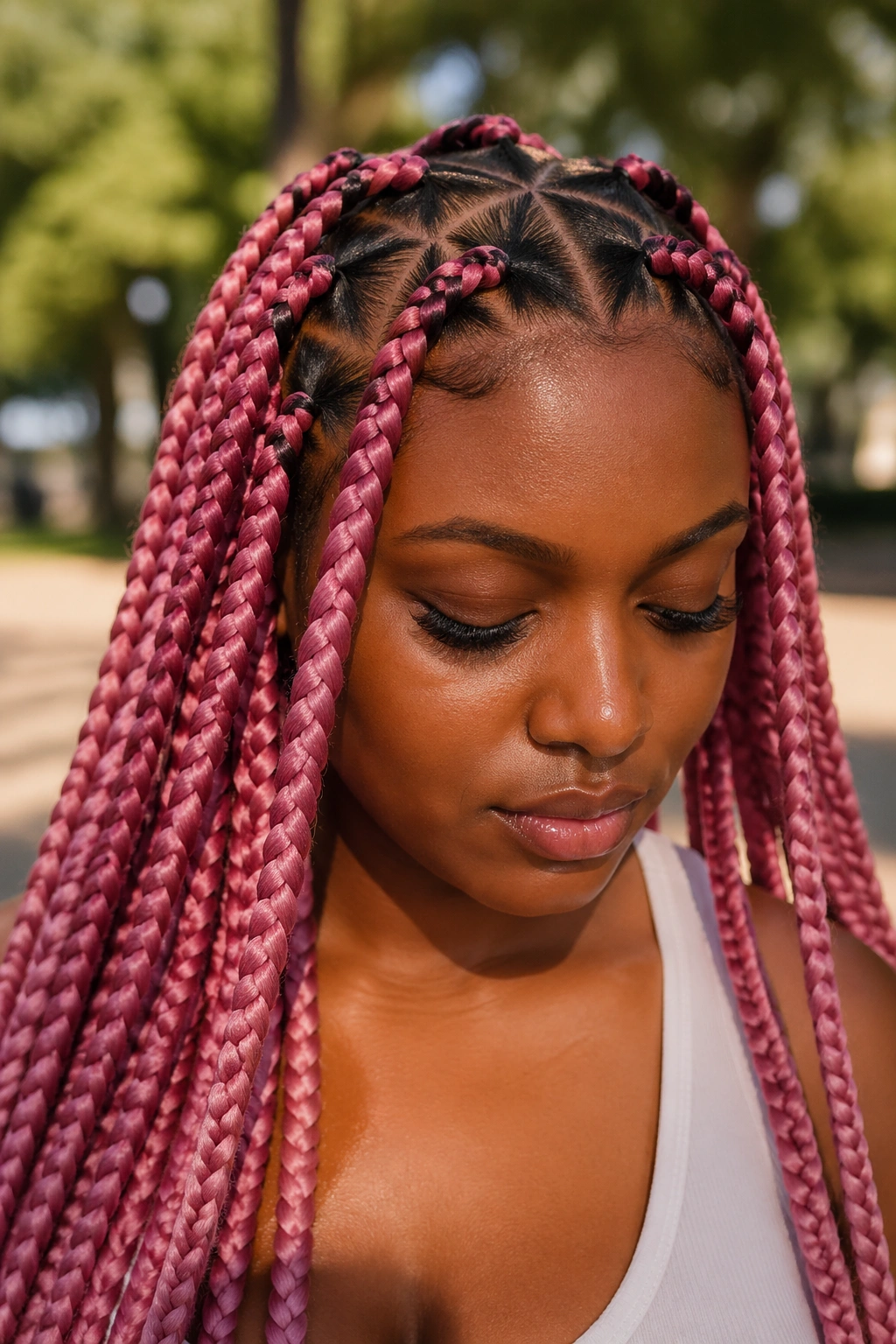 Real woman with triangle-part pink jumbo box braids in a park setting