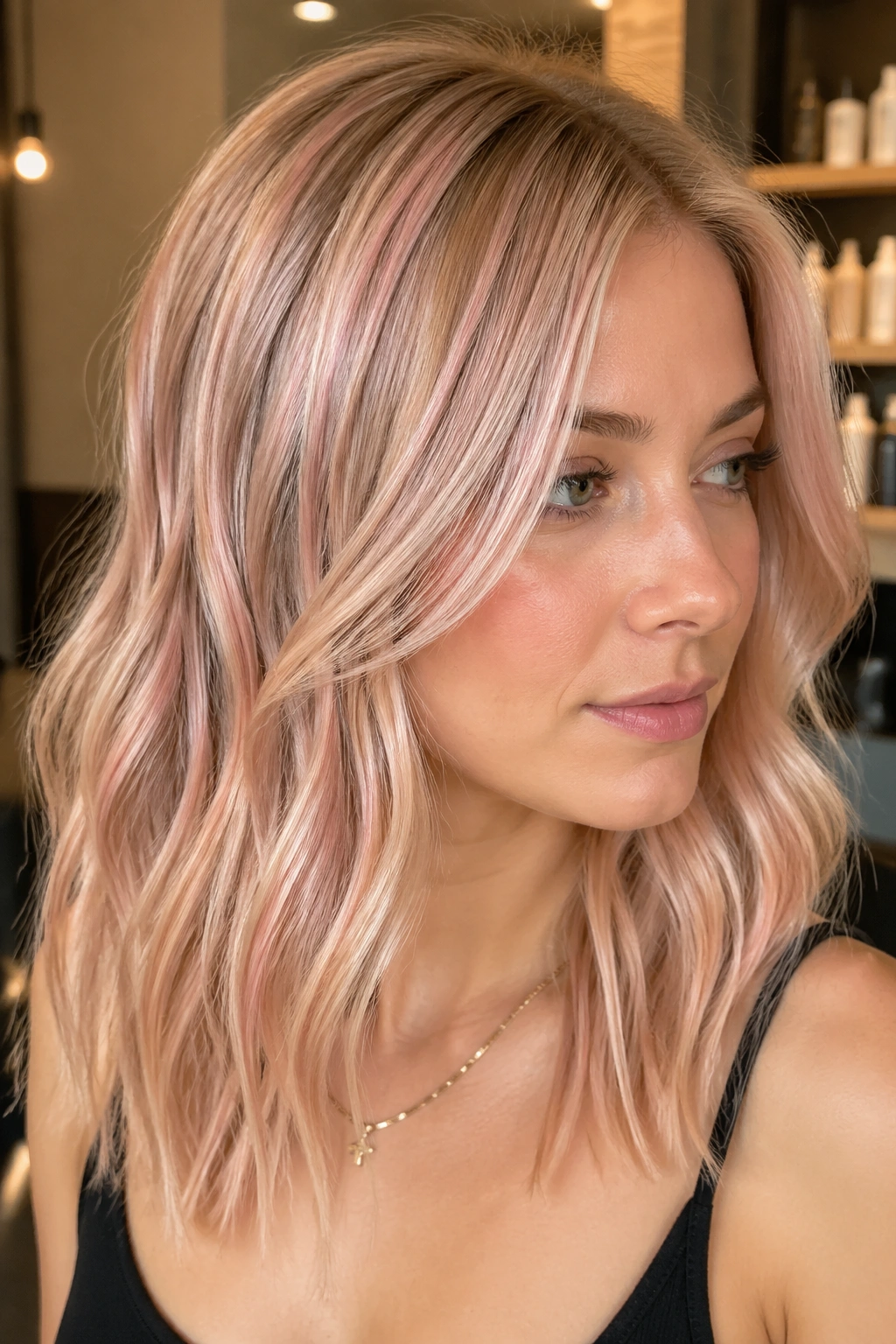 Close-up of hair with pink champagne highlights in light blonde.