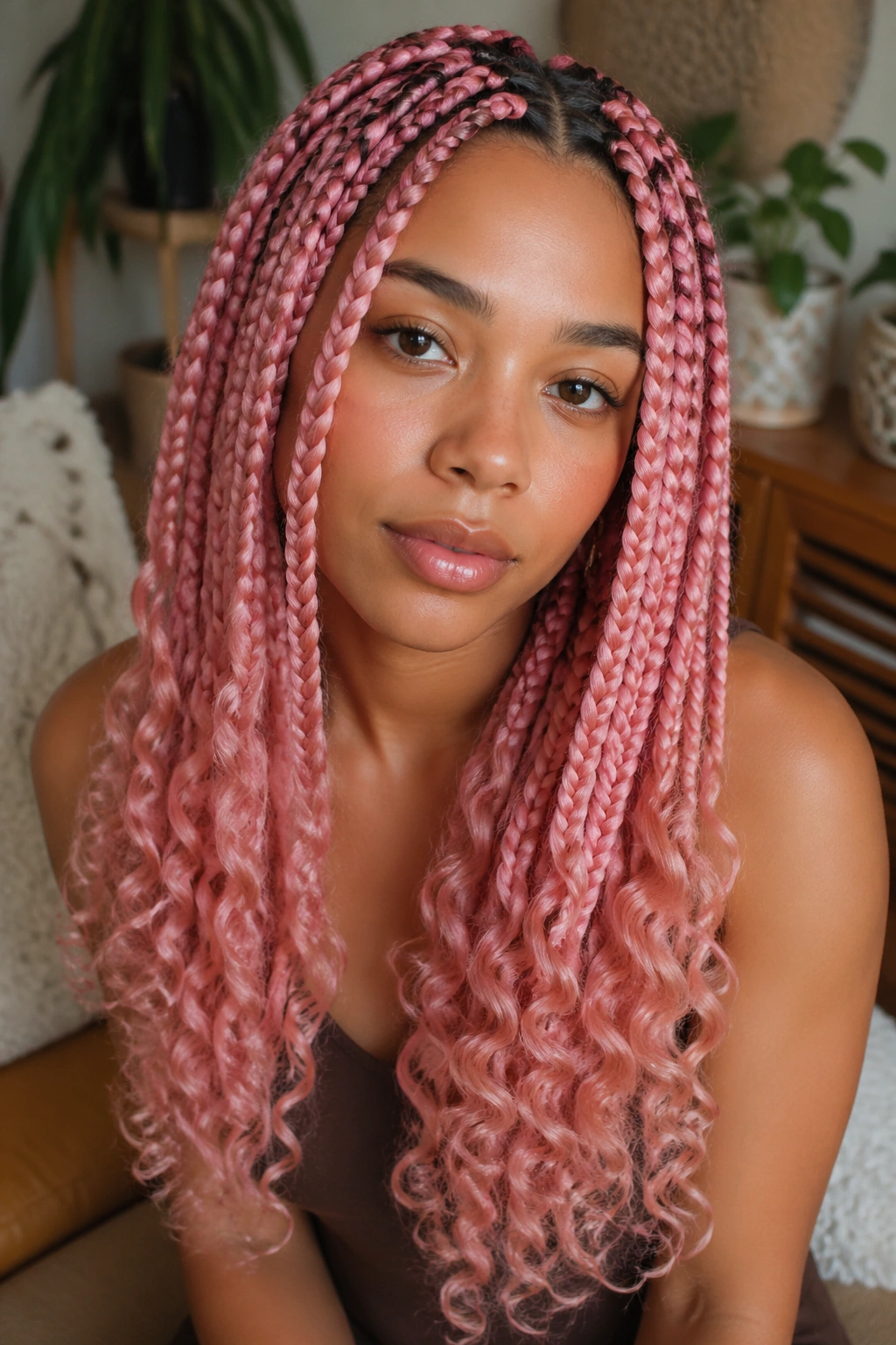 Real woman with jumbo pink braids ending in curls in a boho room